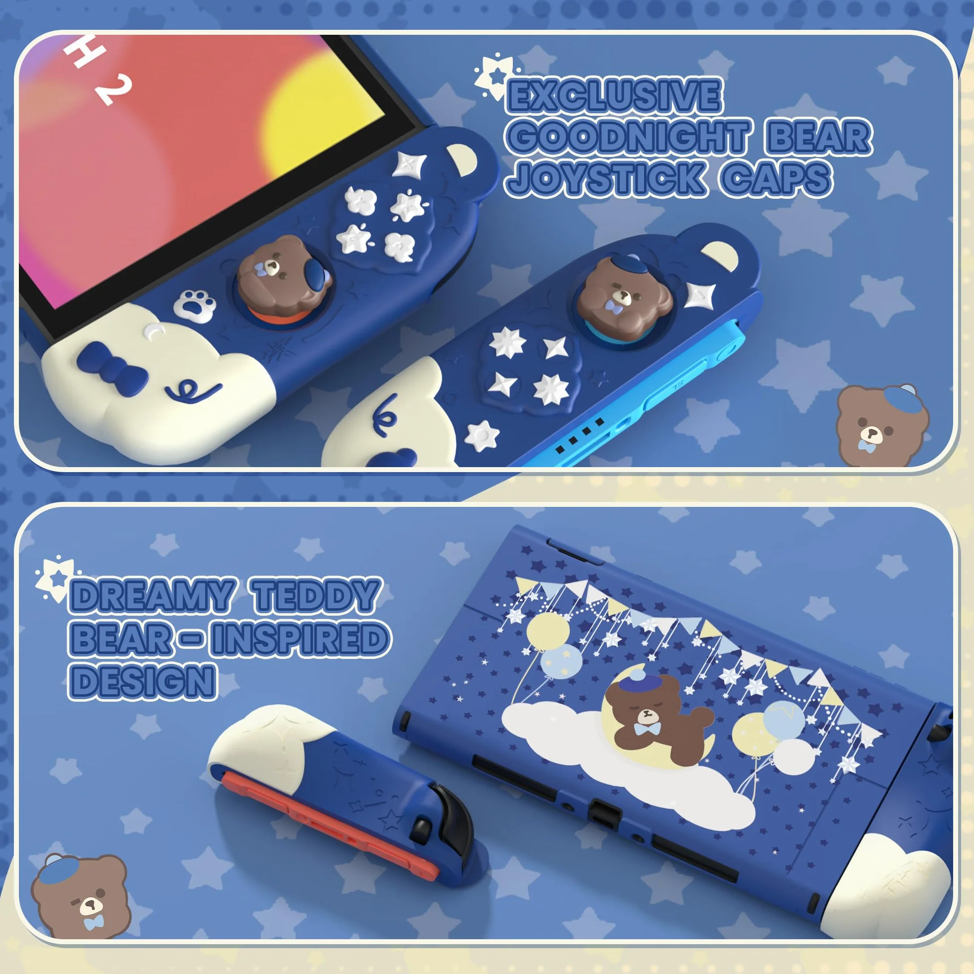 PlayVital Etui na Konsolę do Switch 2 z Silikonowymi Uchwytami Joycon do Switch 2 i Nakładkami Joysticki,Dockowalny Pokrowiec Ochronny–Niebieski,Styl Miś