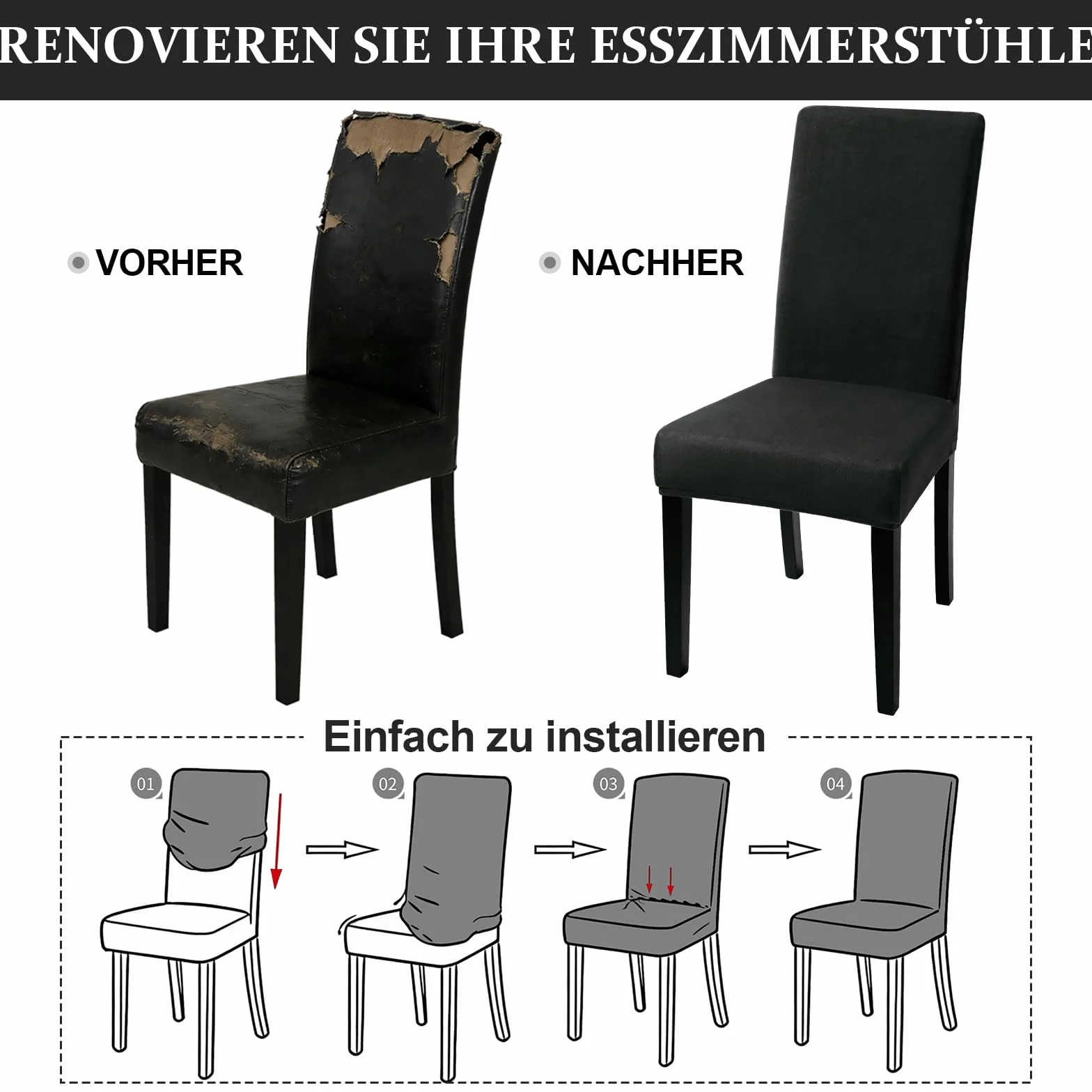 Aksamitne pokrowce na krzesła zestaw 4 sztuk czarne elastyczne do prania