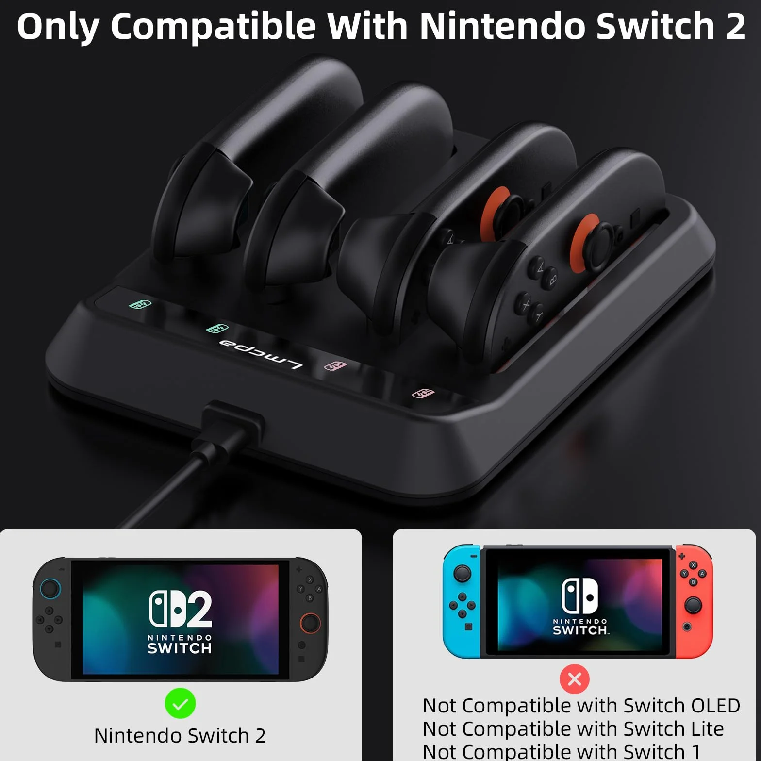 Lmcpa Stacja ładująca do Nintendo Switch 2 Joy Con, stacja ładująca z kablem ładowarki typu C, stacja ładująca z indywidualnym wskaźnikiem LED, czarna