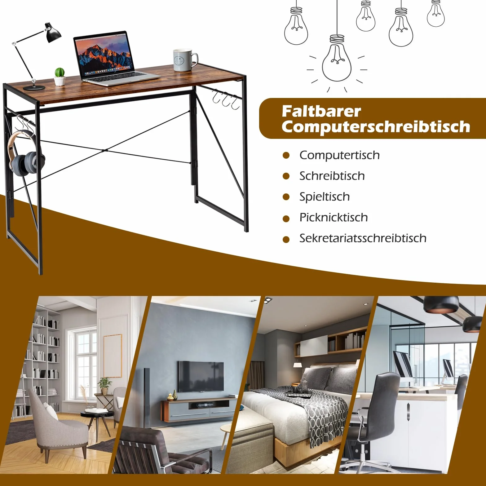 COSTWAY biurko, materiał drewnopochodny, rustykalny brąz, 100 x 50 x 75 cm (dł. x szer. x wys.)