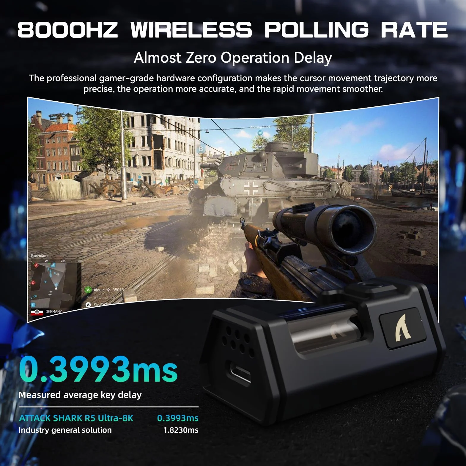 ATTACK SHARK R5Ultra Bezprzewodowa Mysz Gamingowa HyperSpeed Włókna Węglowego, 39g Ultralekkie Myszy, 2,4 GHz/BT/USB-C Przewodowa, Czujnik PAW3950MAX, Bezprzewodowego 8000Hz, 42000DPI, Win/Mac-Czarny