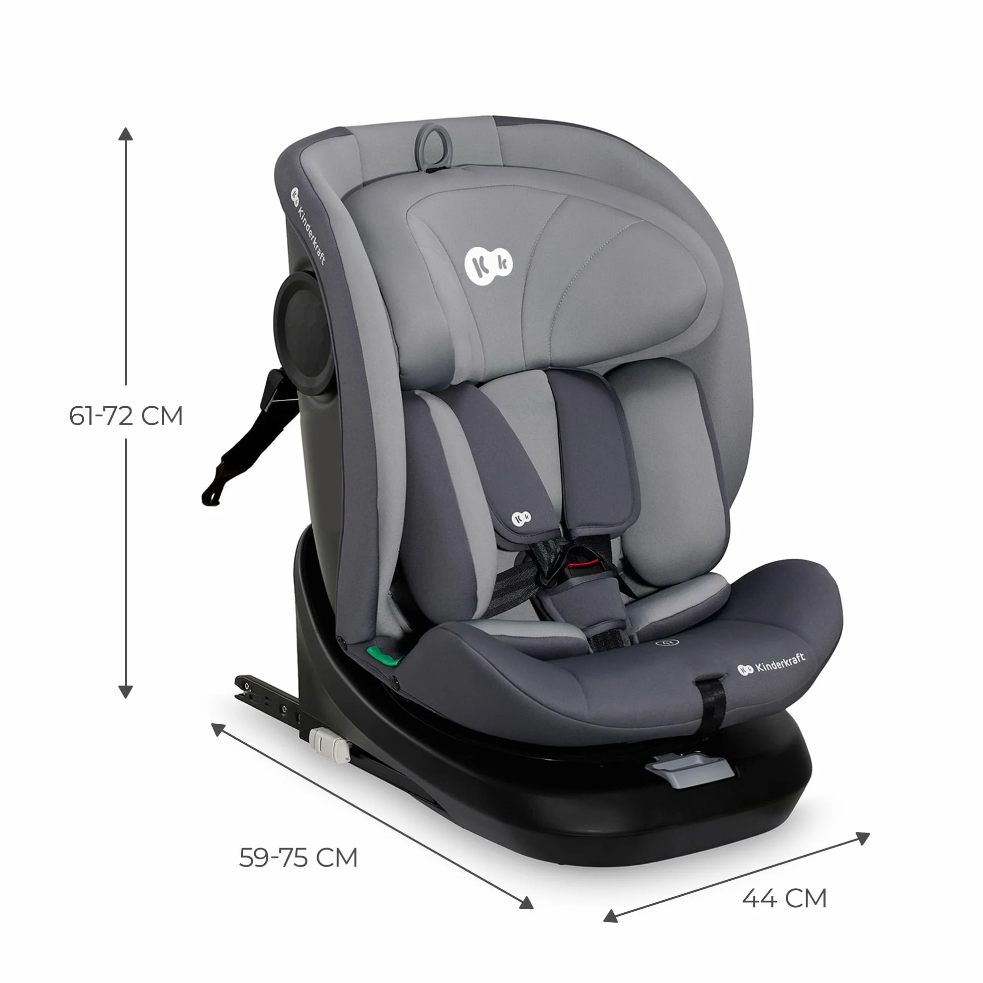 Kinderkraft I-GROW Fotelik dziecięcy i-Size, 40-150cm, Fotelik na bazie, Obracany 360 stopni, Regulowany, Isofix, Miękkie siedzisko, RWF, FWF, Grupa 0+/1/2/3 0-36 kg, do 12 lat, Szary