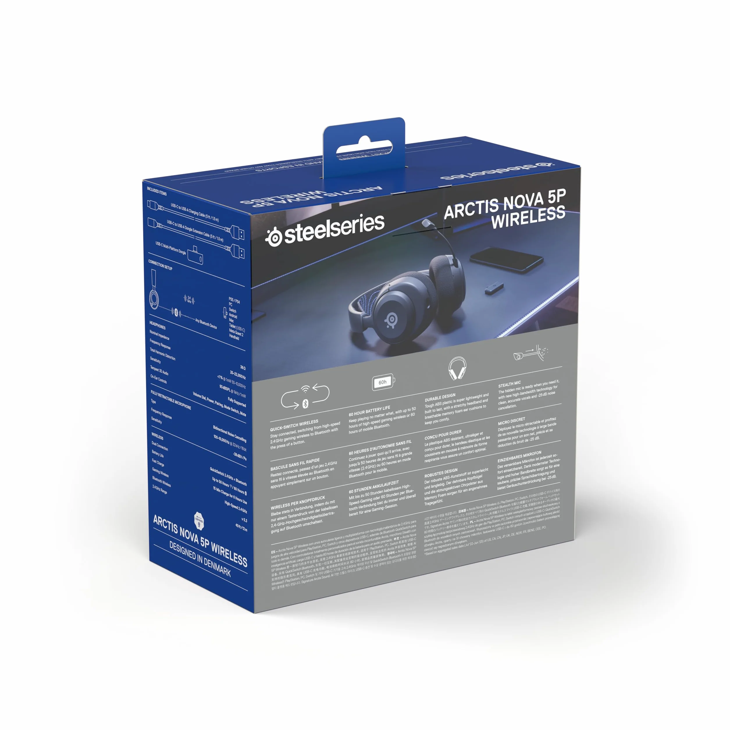 SteelSeries Arctis Nova 5P -słuchawki wi-fi do gier –neodymowe przetworniki magnetyczne –Ponad 100 ustawień wstępnych dźwięku– 60 godz baterii –2,4 GHz lub BT –Mik. Gen2.X – PS5, PS4, PC,Switch,mobile