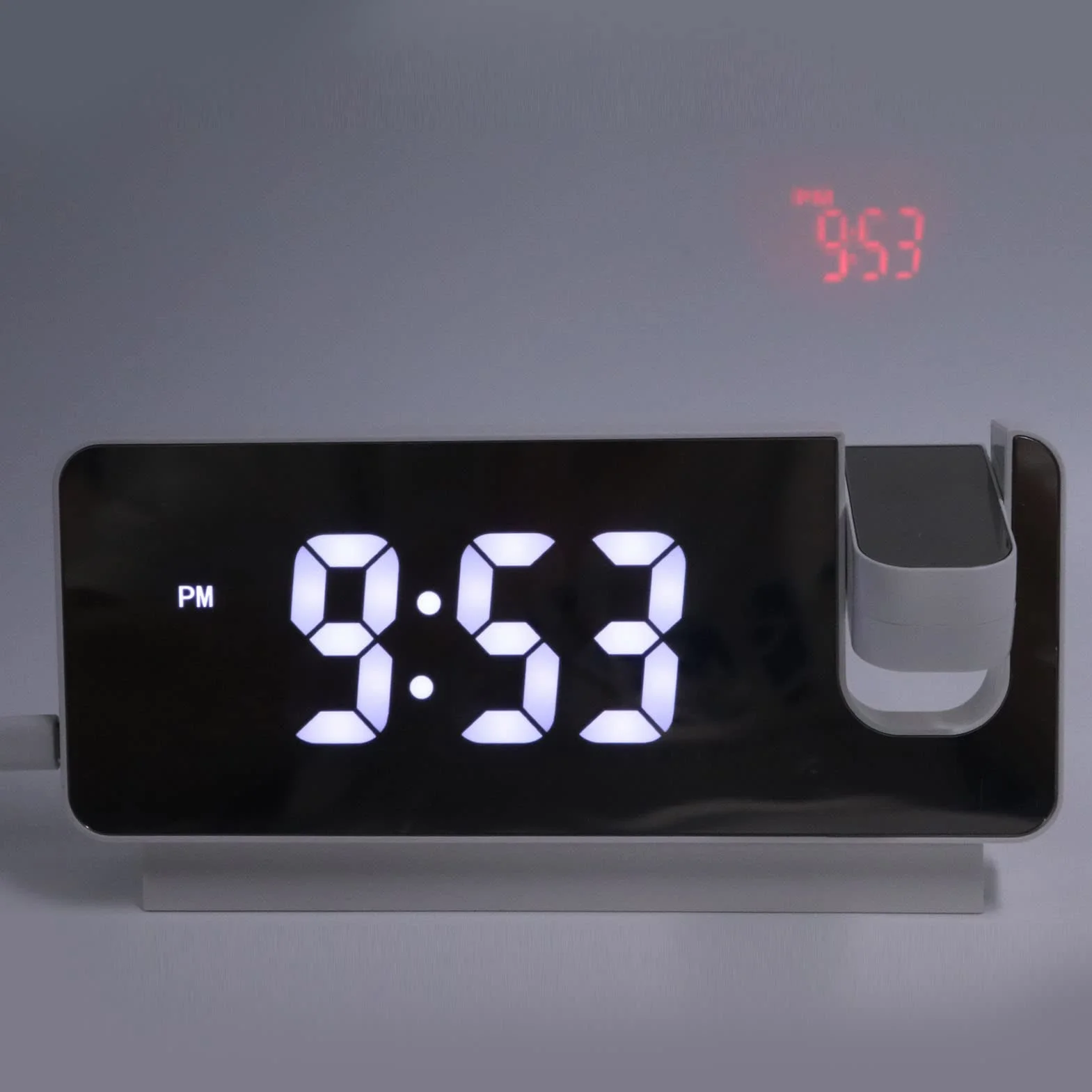 Budzik z projekcją LED do Sypialni, Cyfrowy Zegar z Obracanym o 180° Projektorem, Wyświetlanie Czasu, Daty, Temperatury, Projekcja na ścianie Sufitowej, Port ładowarki USB (Biały)