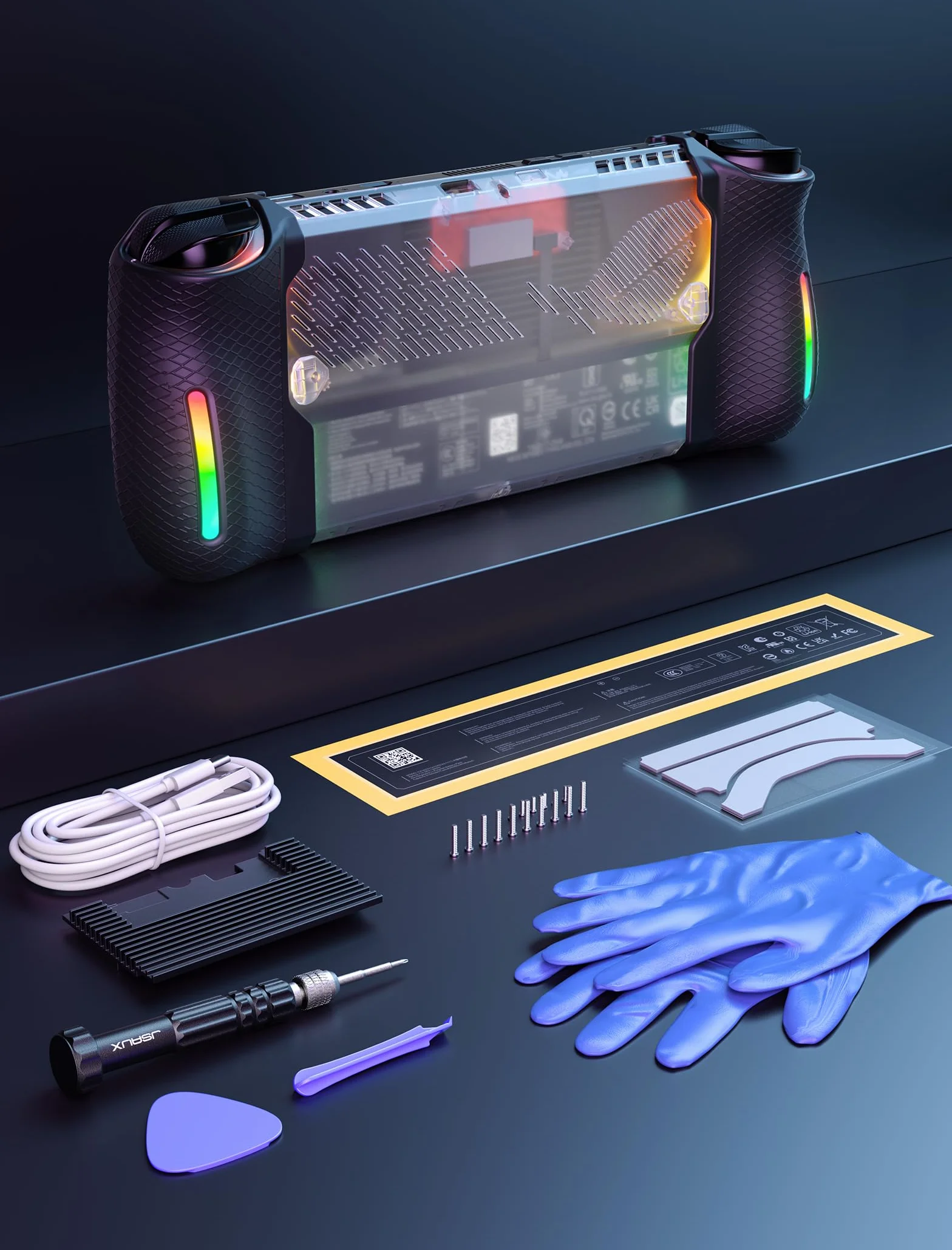 JSAUX Przezroczysta tylna płytka RGB kompatybilny z ROG Ally X, obudowa ROG Ally X z silikonowym uchwytem i modułem chłodzącym
