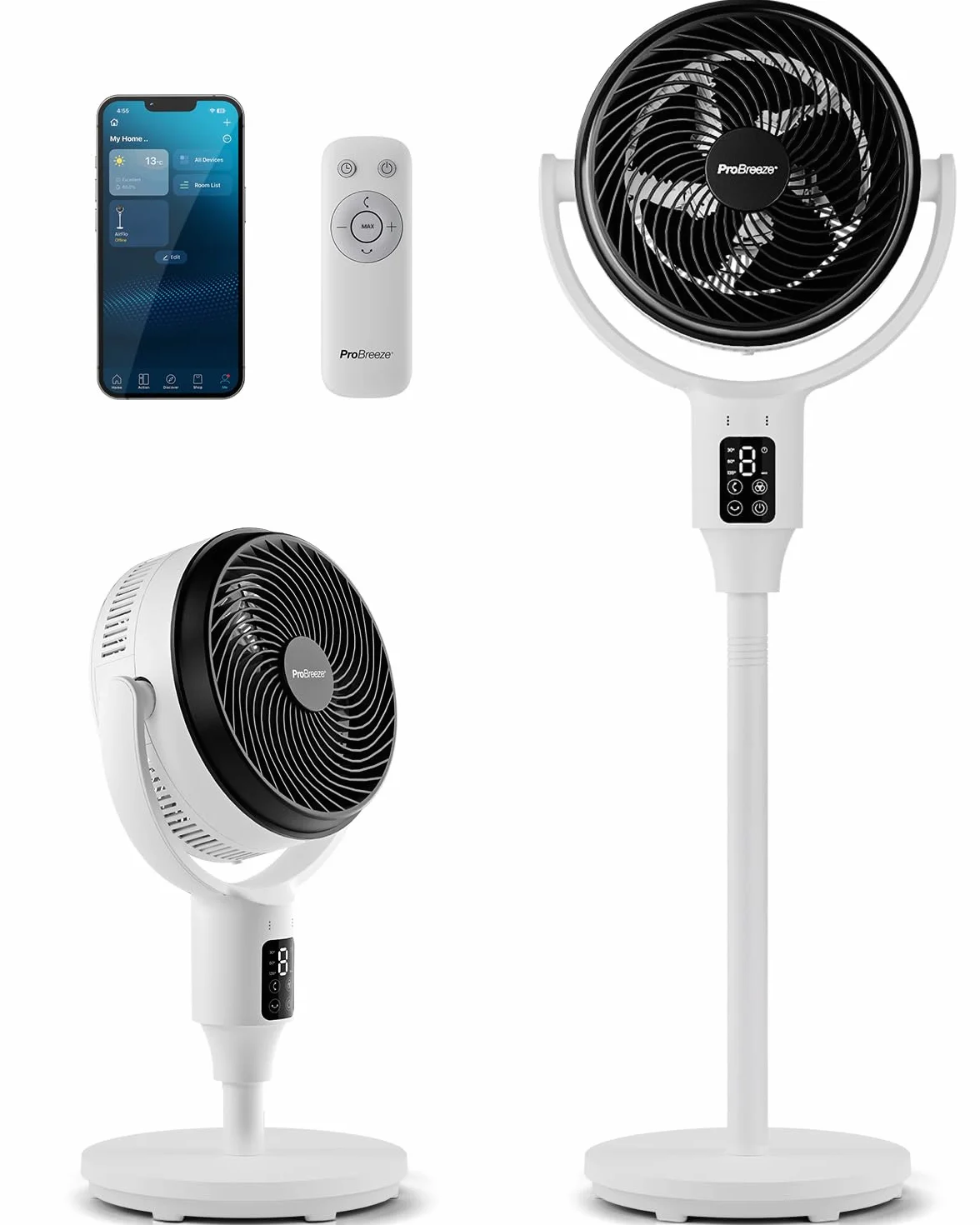 Wentylator stojący Pro Breeze AirFlo Smart 108 cm – 29 dB Supercichy – Wyświetlacz LED, Aplikacja i Pilot, 2 Tryby, Oscylacja Pionowo-Pozioma – WiFi