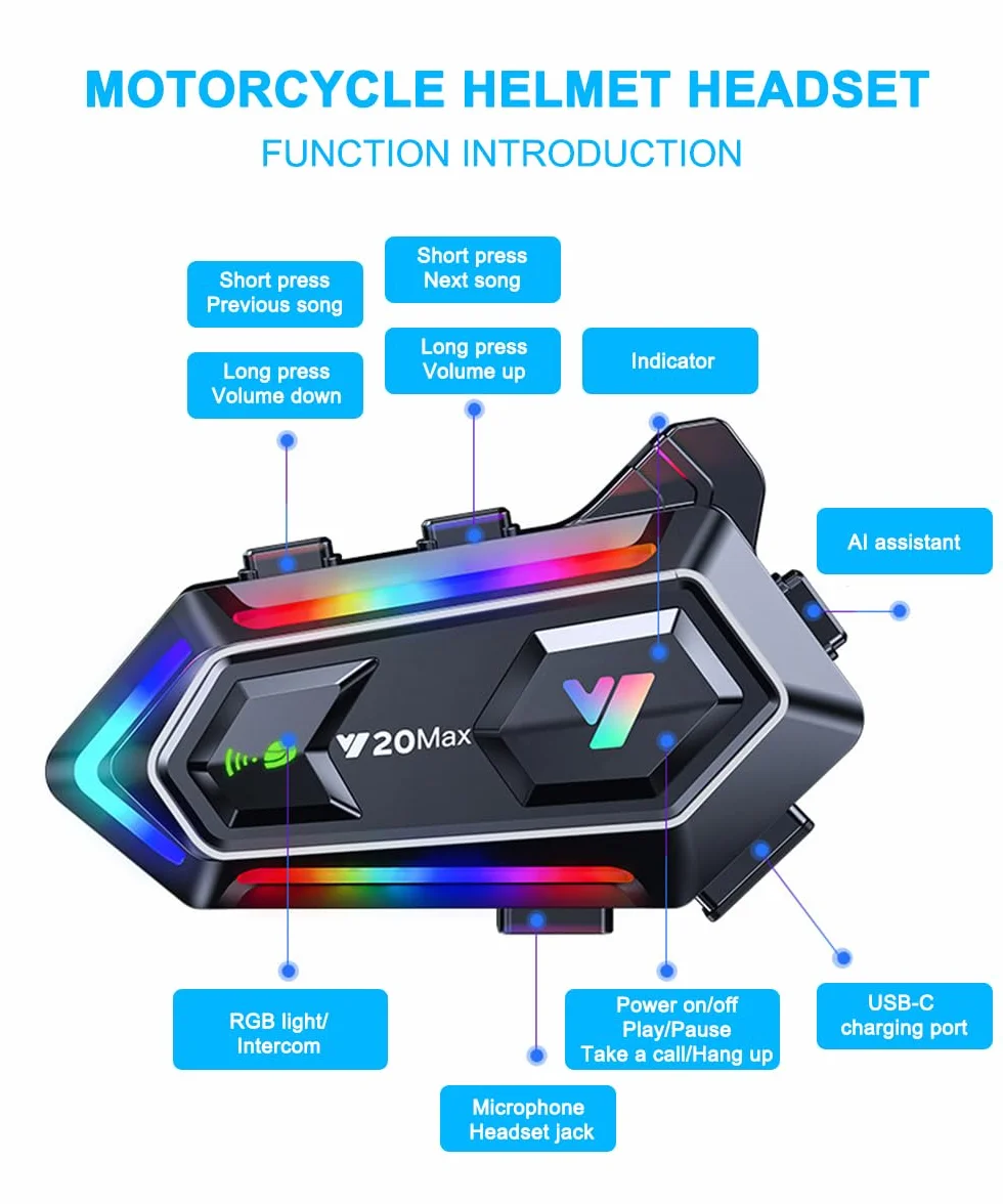 NXPGKEA Motorcycle helmet Speakers, Waterproof Intercom Communication System Bluetooth Headset Hi-Fi/IPX6 1000mAh 300m Music Sharing GPS with Soft Mic RGB