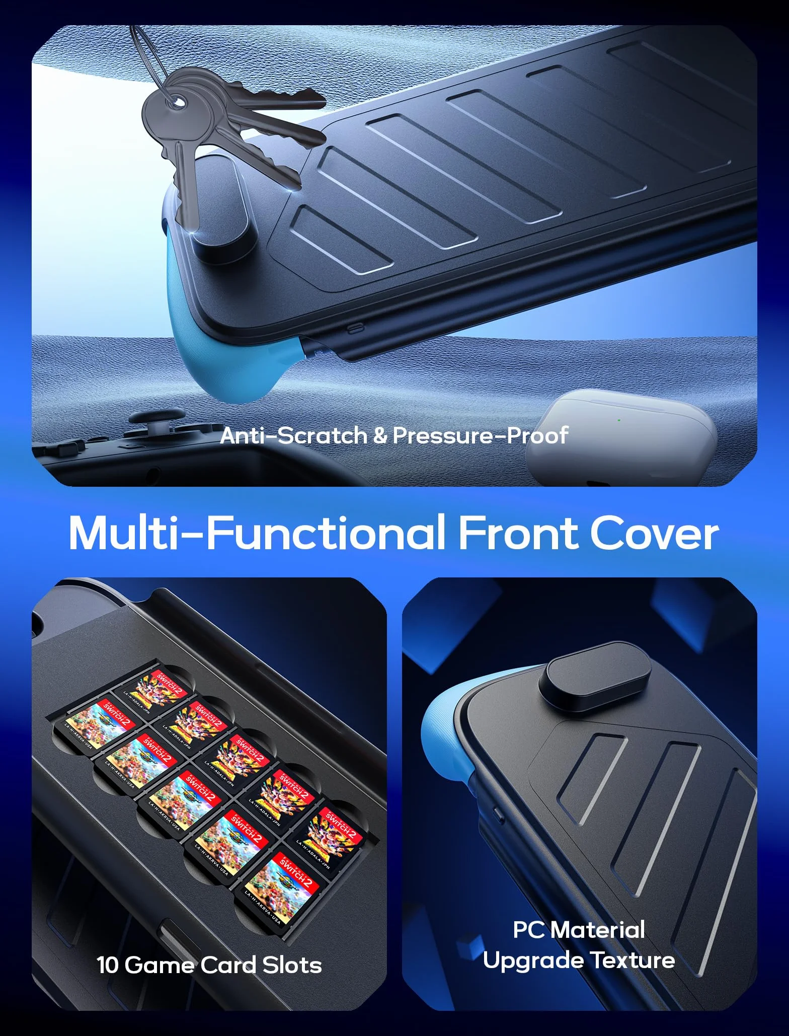JSAUX Podzielone etui ochronne na Nintendo Switch 2, TPU i PC, antypoślizgowy ergonomiczny uchwyt, przechowywanie 10 kart do gier, niebieski