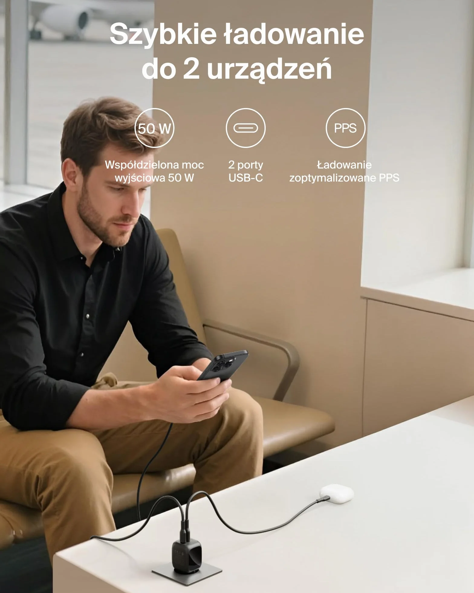 Belkin 2-portowa Ładowarka USB-C 50 W, Ładowarka GaN z 2 Portami USB-C, Szybkie Ładowanie Urządzeń MacBook, iPhone 17, iPad Pro, Chromebook, Galaxy S25 Ultra, Pixel 10 – Akcesoria Podróżne – Czarna