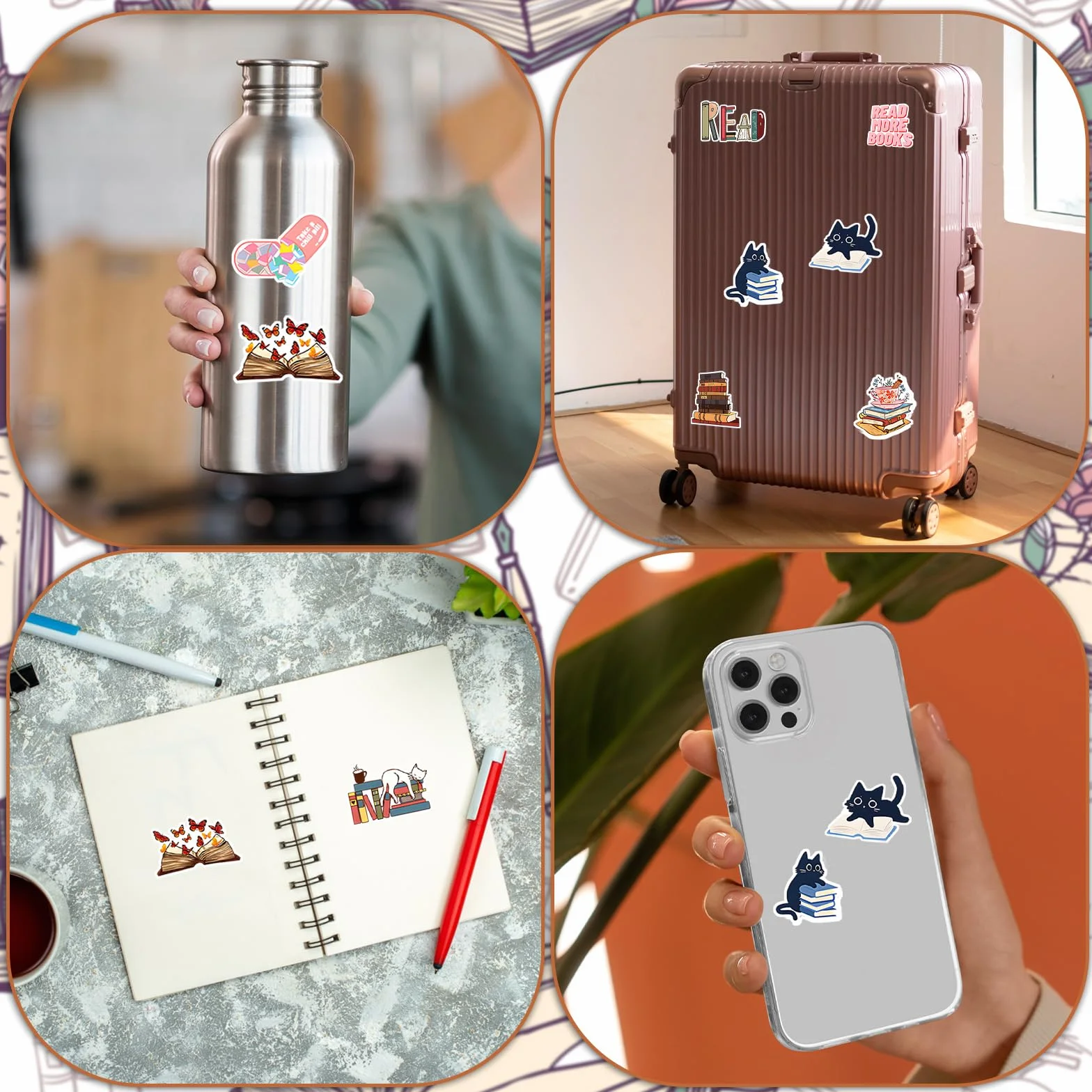 Amabro 100 szt. naklejek na książki, czytanie kota książkowego naklejki na butelkę wody, urocze winylowe wodoodporne naklejki kawaii kociaki na laptopy, miłośnik książek, akcesoria do scrapbookingu