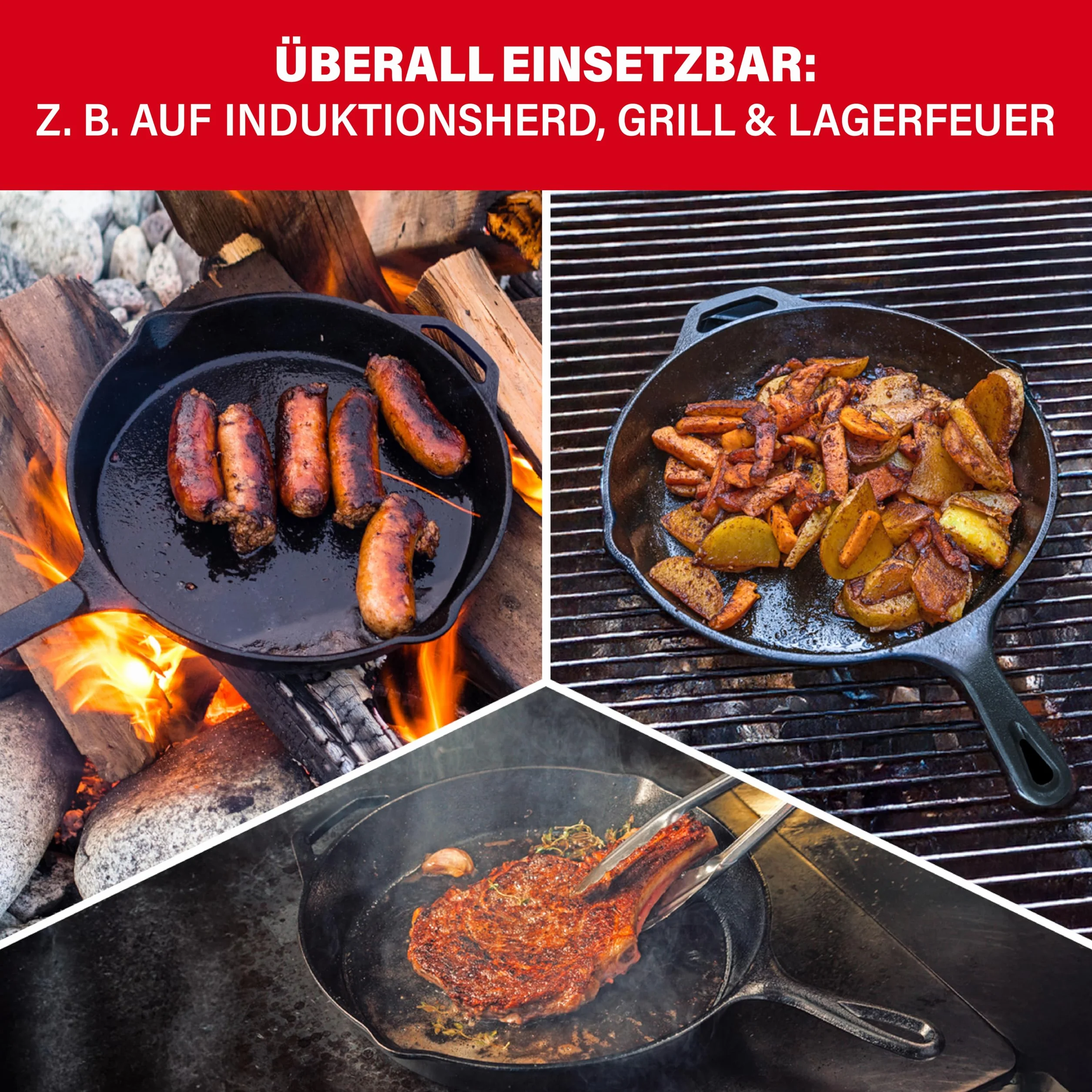BBQBOSS Żeliwna patelnia 28 cm [2,8 litra] patelnia żelazna – cast iron pan – frying pan – indukcja – patelnia żeliwna – do grilla gazowego – do grilla węglowego