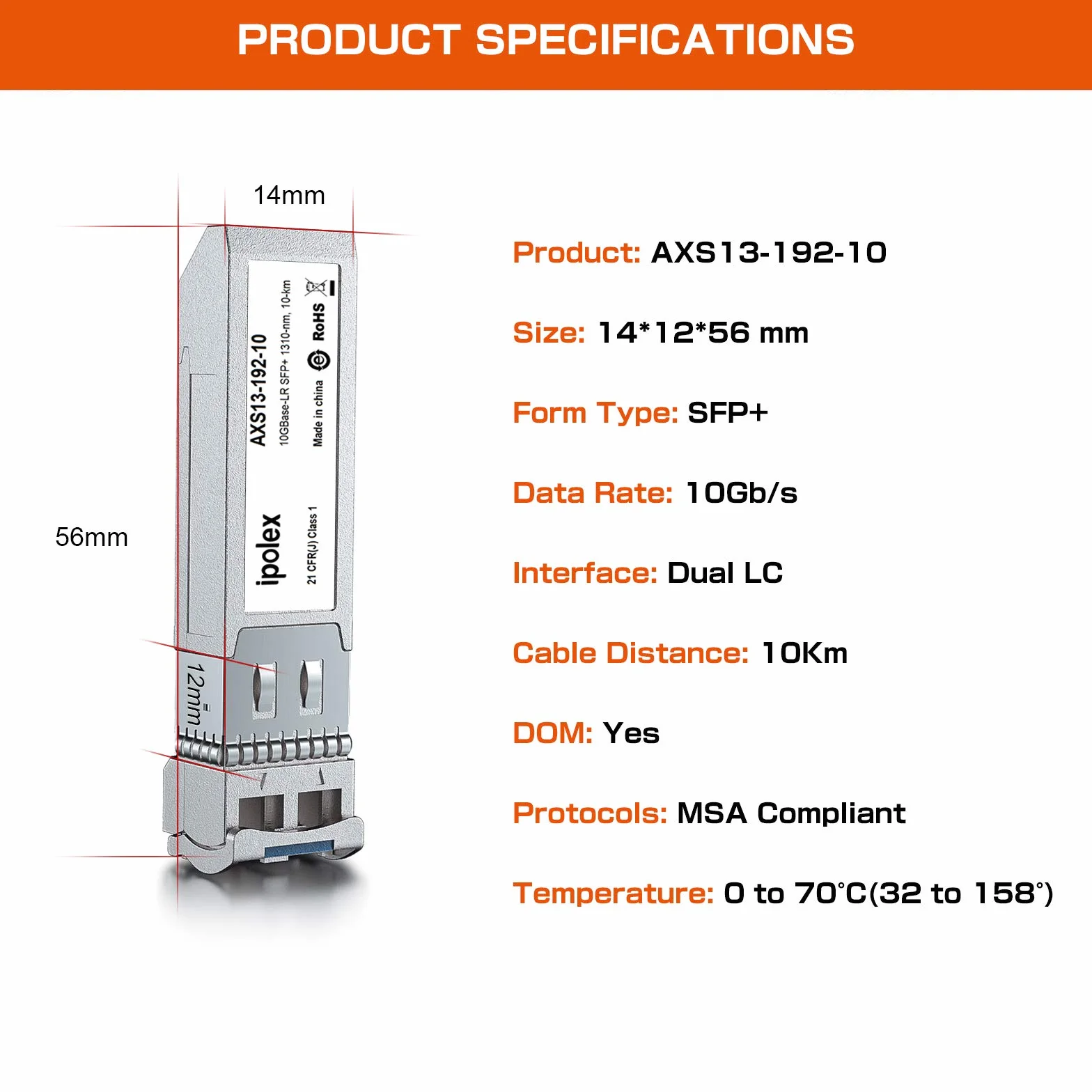 ipolex Transceiver 10G SFP+, 10GBase-LR 1310nm 10km LC jednomodowy moduł mini-Gbic kompatybilny z Aruba HP J9150A / J9150D. 2-pak