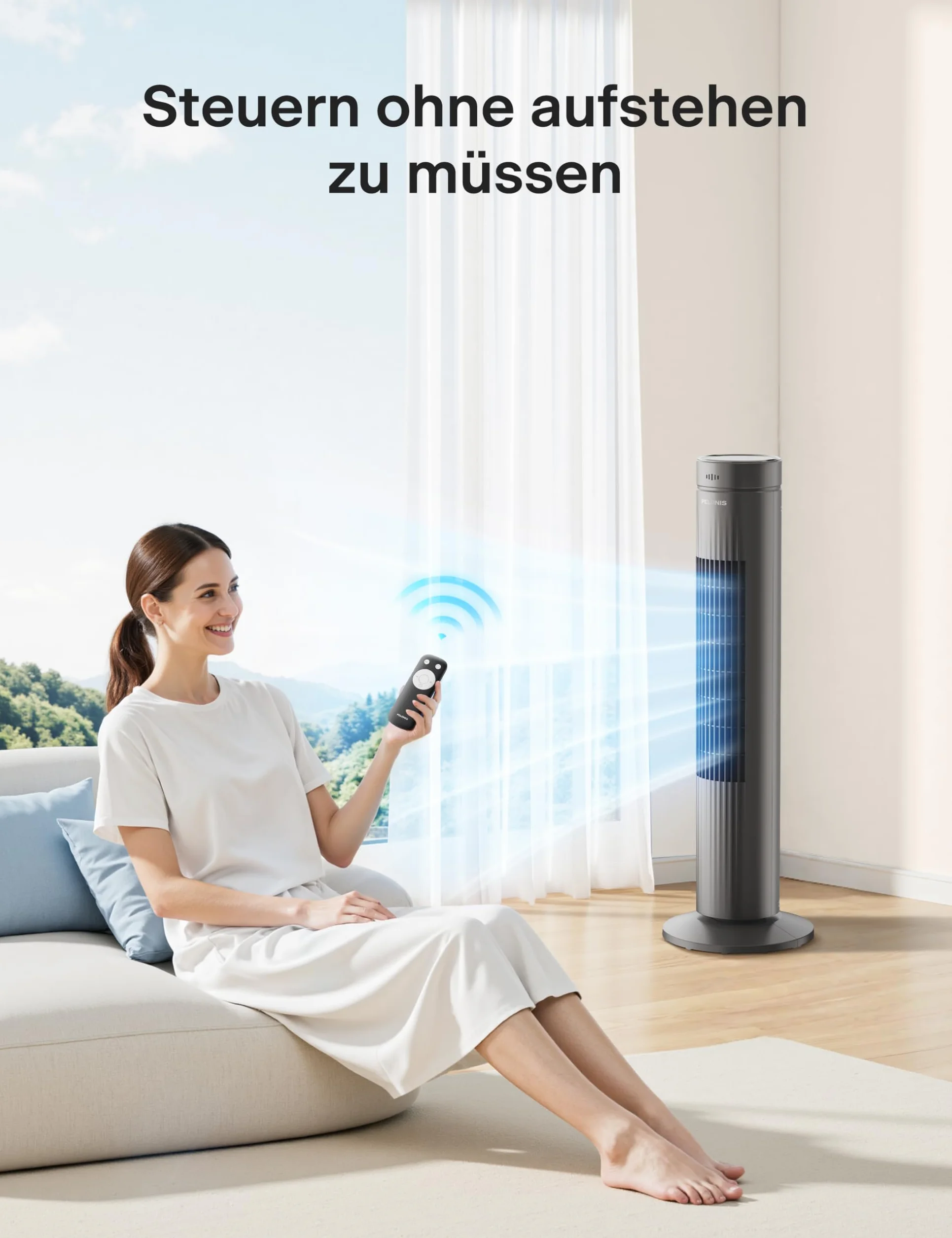 PELONIS 76 cm Wentylator wieżowy, cichy mobilny wentylator z timerem i oscylacją 90°, tower fan z timer do 7 godzin, 4 tryby 3 prędkości, Czarny