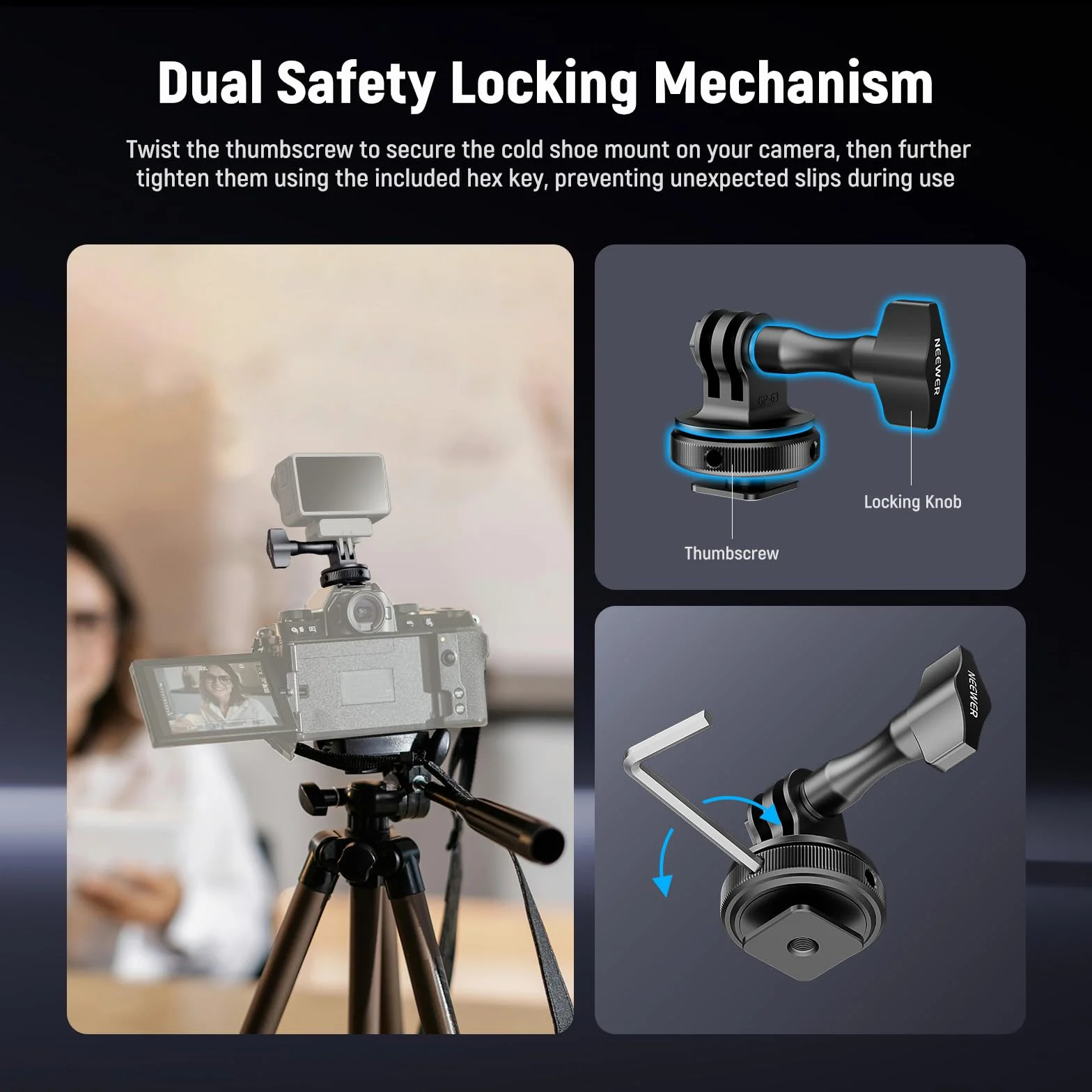 NEEWER Adapter do kamery sportowej, kompatybilny z akcesoriami GoPro Go Pro DJI Insta360 AKASO, metalowy uchwyt Hot Shoe z gwintem 1/4" do mini statywu, kijek do selfie, nachylenie 180°, GP-63