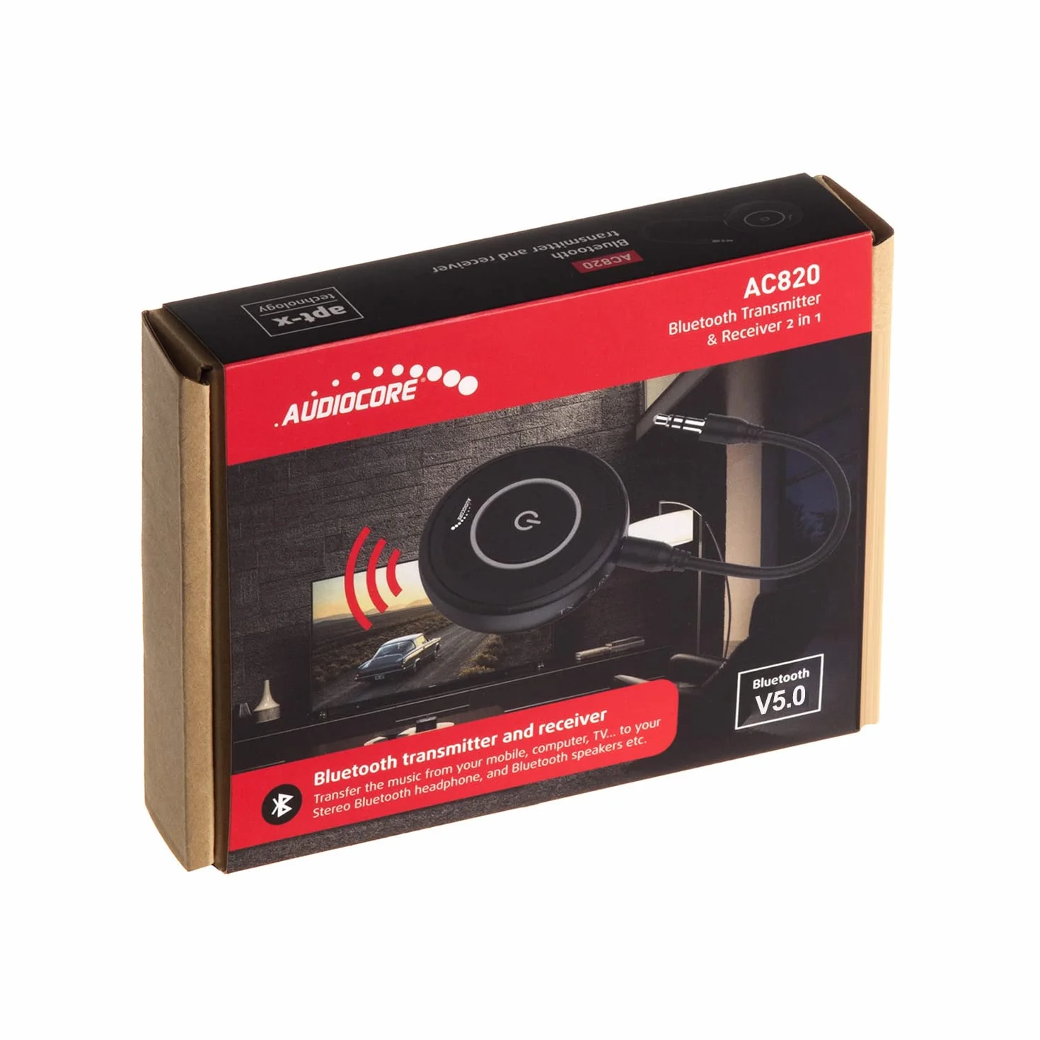 Audiocore AC820 Adapter Bluetooth 2 w 1, Nadajnik, Transmiter, USB, Odbiornik Audio Apt-X -chipset CSR, Częstotliwość: 2.402 GHz do 2.480 GHz, Kabel Audio Jack 3.5