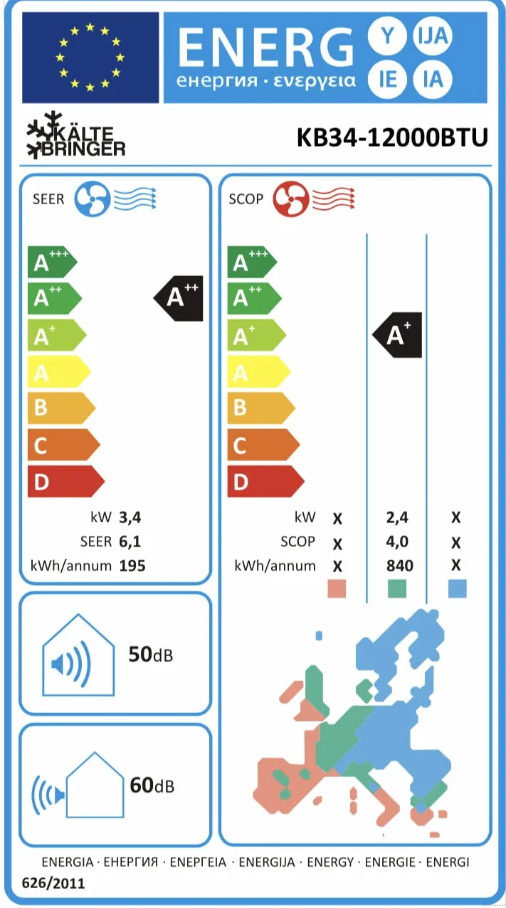 Kältebringer Klimatyzator typu Split – 12000 BTU – inwerterowy klimatyzator z funkcją ogrzewania, WiFi i aplikacją – do 55 m² – bardzo cichy – kompletny zestaw, przewód miedziany 5 m, czynnik
