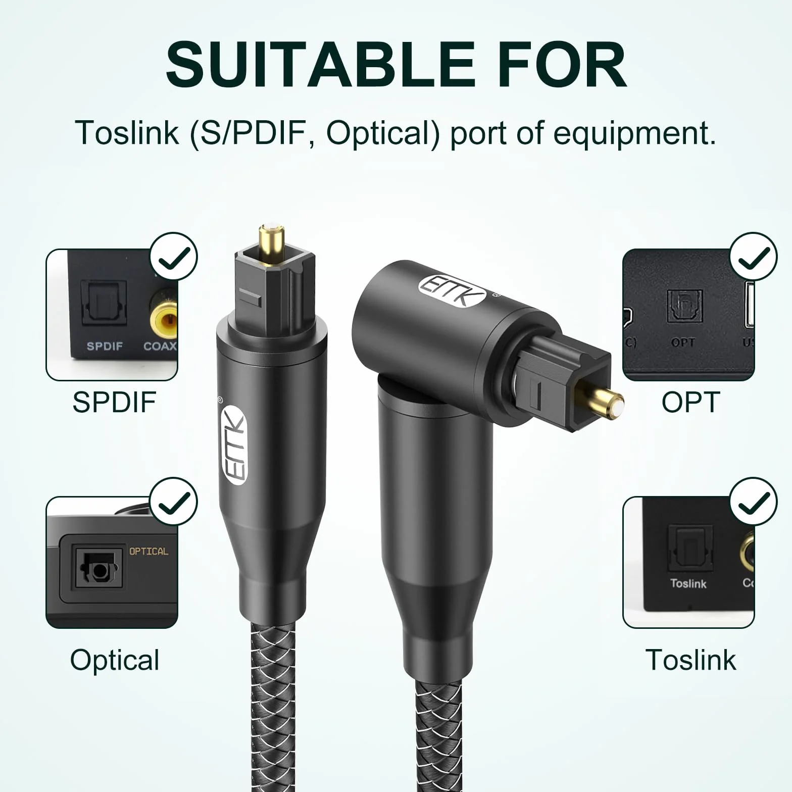 EMK Cyfrowy optyczny kabel audio, prostokątny kabel Toslink (pozłacany, włókno szklane 90 stopni, optyczny do TOSLINK, obracany o 360 stopni), kabel optyczny do DVD, głośnika, soundbar, TV (0,3 m)