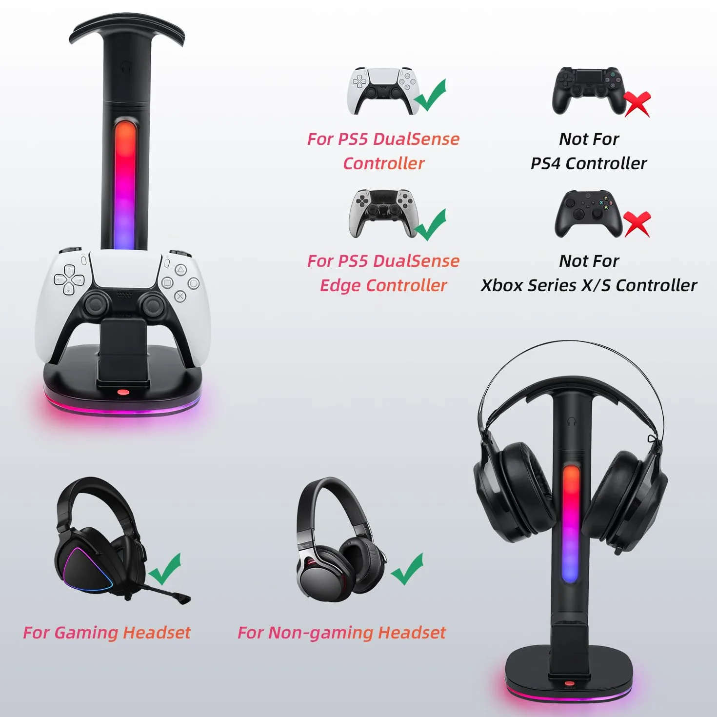 Mcbazel Stacja ładująca kontrolera PS5 ze stojakiem na słuchawki do gier RGB, szybka stacja ładująca z 2 portami USB do PS5 i kontrolera DualSense Edge, organizer na biurko RGB, czarny (nie dla PS5