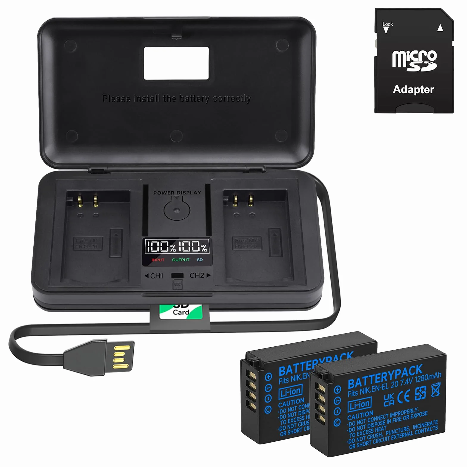 2 sztuki akumulatorów EN-EL20 i Smart LCD Display Dual USB ładowarka do Nikon Coolpix P1000, Coolpix A, P950, 1 J1, 1 J2, 1 J3, 1 S1, 1 V3, DL24-500, 1 AW1 kamera cyfrowa
