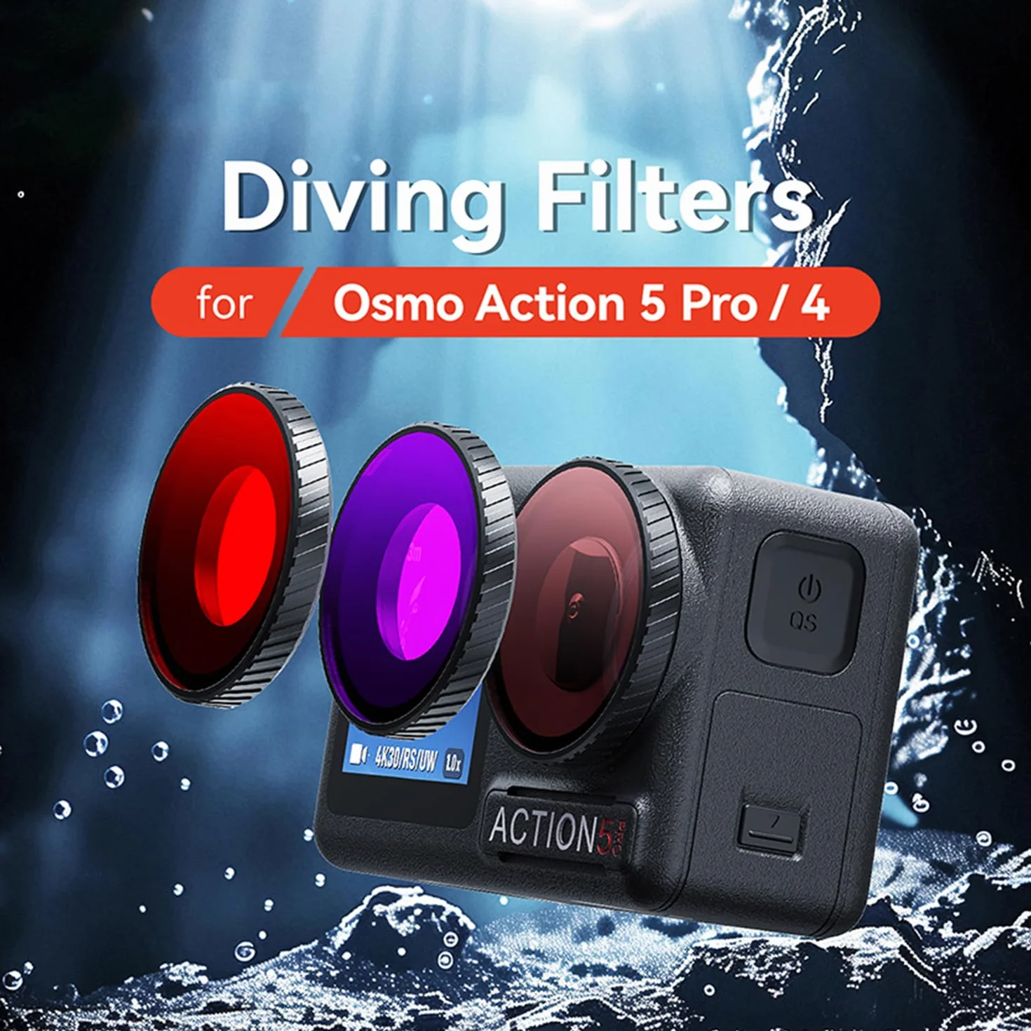 Wodoodporny filtr do nurkowania ochronny filtr obiektywu do aparatu sportowego DJI Osmo Action 5 Pro / Action 4, ochrona przed zaparowaniem, osłona podwodnego obiektywu, filtr (jasnoczerwony)