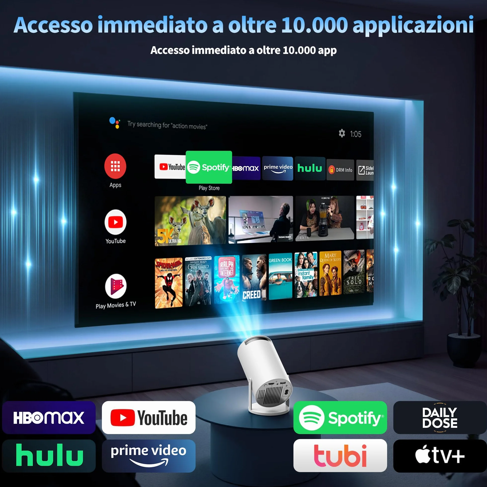 Projektor FHD 1080P [2026 Upgraded] Przenośny mini projektor 4K z WiFi 6 BT 5.2, obsługuje 270° obrotowy projektor samochodowy Keystone TV Stick/USB/HDMI/PC z kablem HDMI i myszą, biały