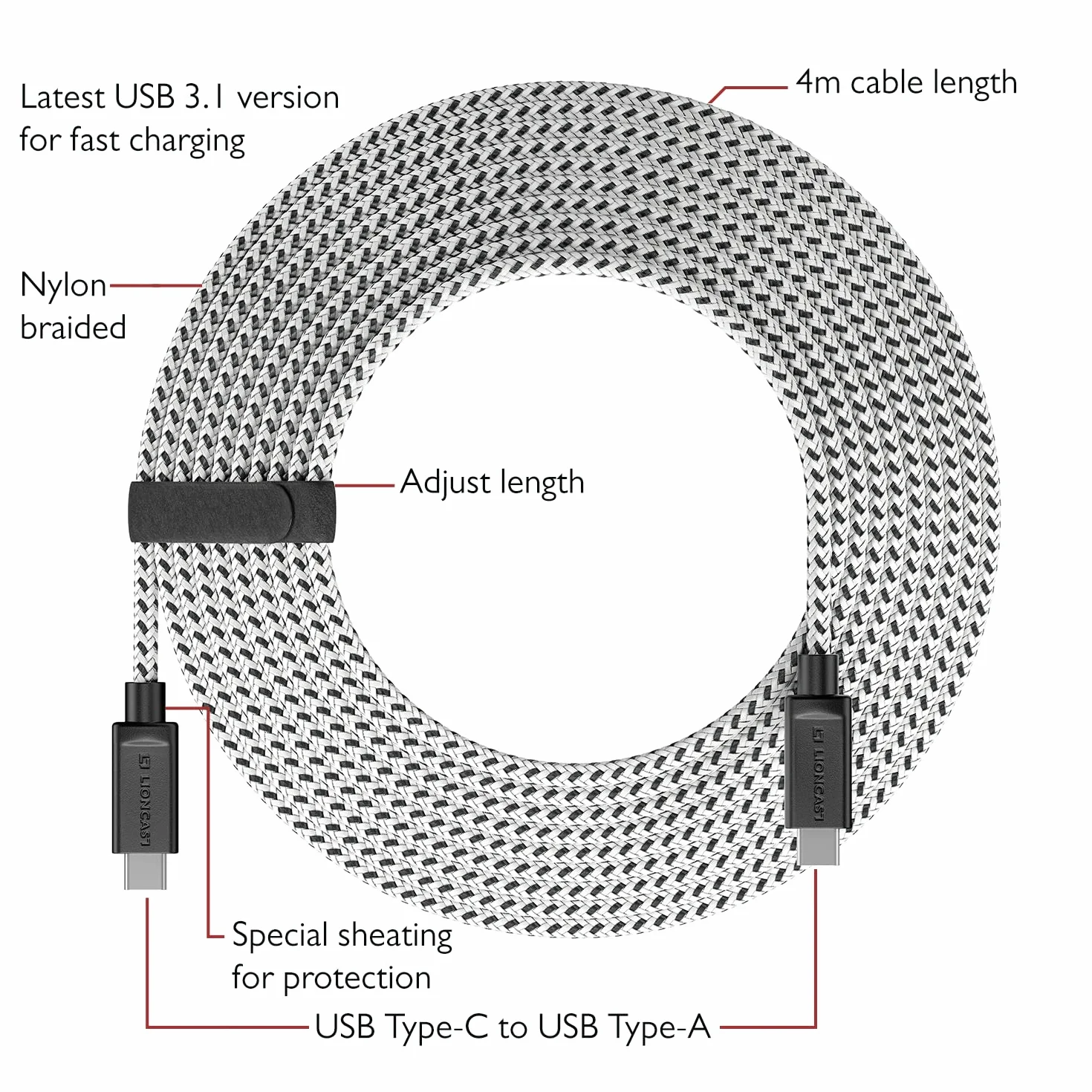 Lioncast 4 m PS5 kabel do ładowania do kontrolera Playstation 5, 4 metry, kabel do szybkiego ładowania do Sony Playstation, zestaw (2 szt.), czarny/biały (1 x USB-C na USB-A i USB-C)