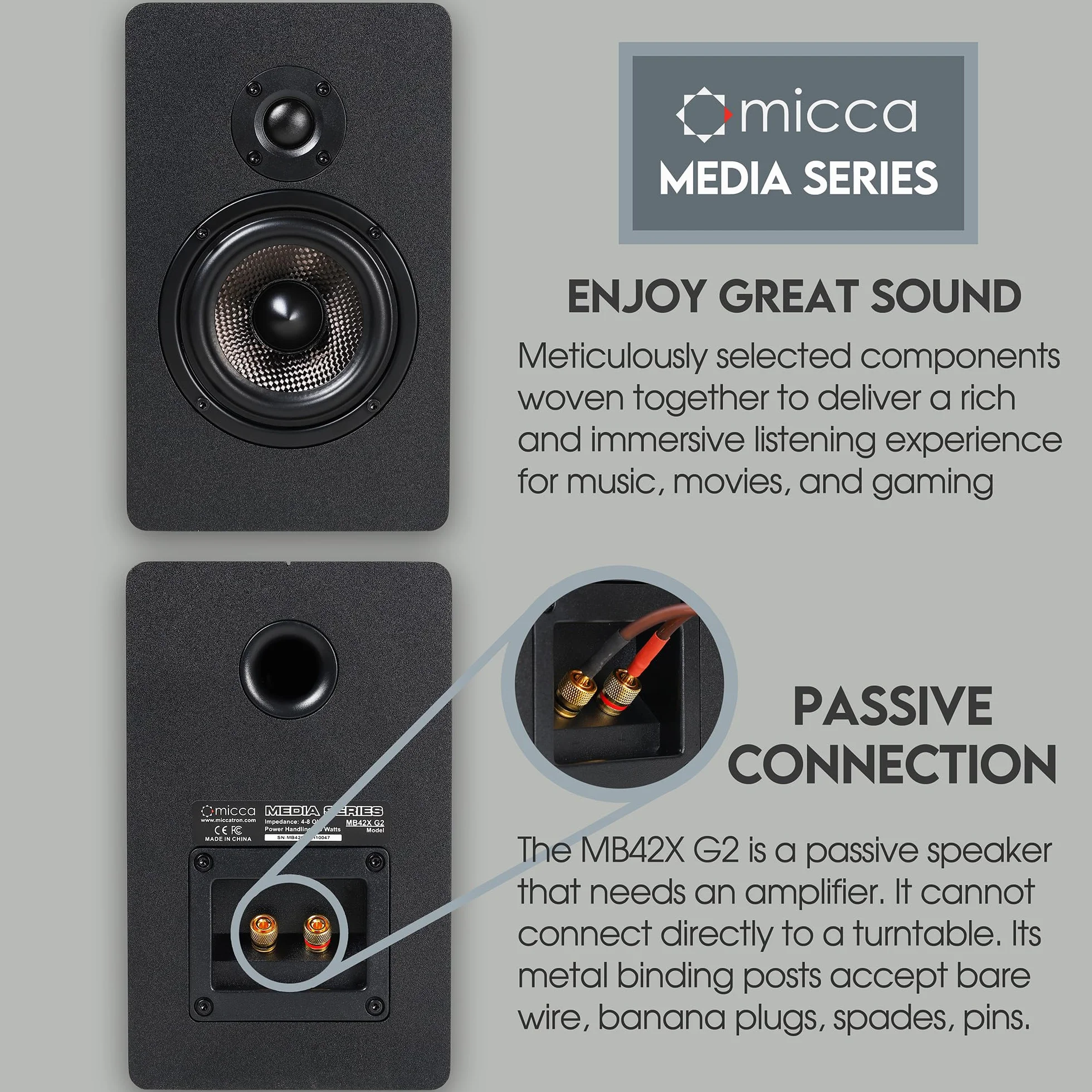 Micca MB42X G2 pasywne głośniki półkowe do kina domowego, stereo i pasywnego monitora bliskiego pola, 2-drożne (czarne, para)