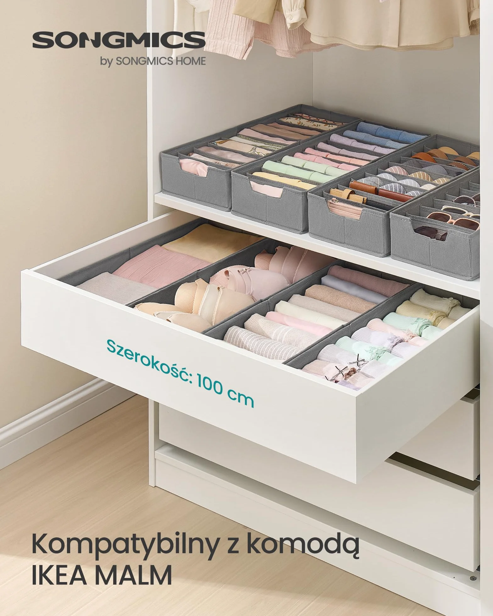SONGMICS Zestaw organizerów na bieliznę 4 szt., organizer do szuflady do szafy IKEA PAX, bez przegródek, składany organizer do szafy, 50 x 22 x 10 cm na skarpetki, gołębi szary RUS013G01