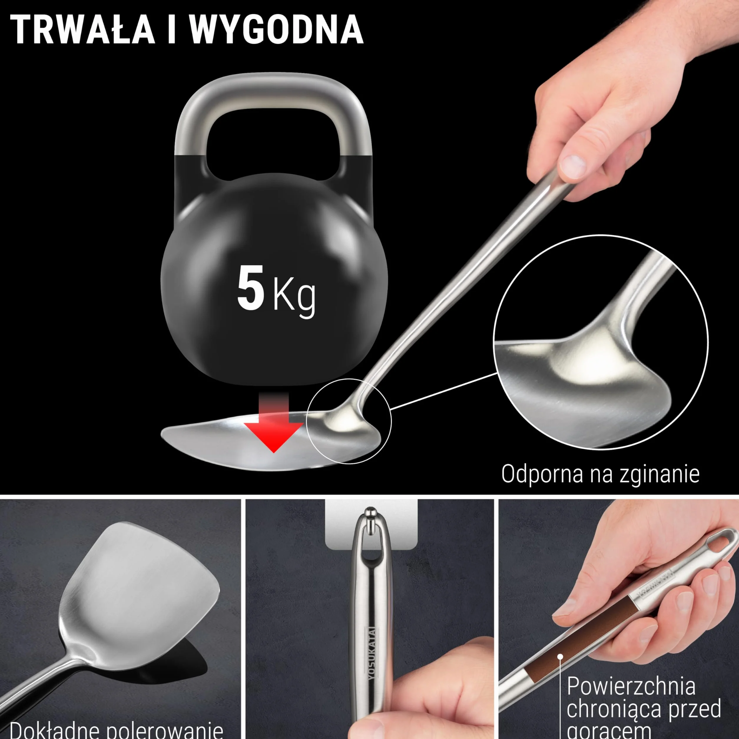 YOSUKATA Łopatka Łyżka Wazowa i Łopatka do Przewracania 43 cm do Woka - 304 Stal Nierdzewna - Zestaw Narzędzi Odpornych na Ciepło