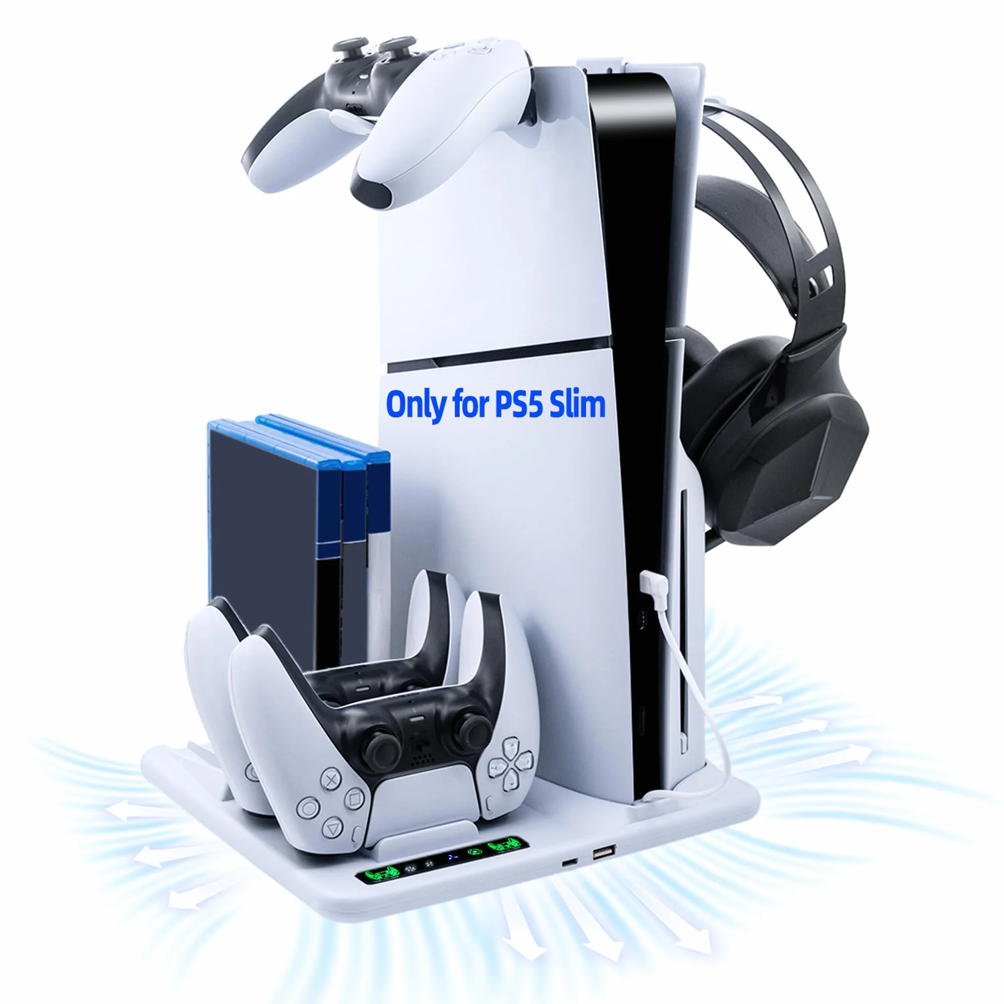 Chłodnica do PS5 Slim - Stojak z 3-Stopniowym Wentylatorem, Ładowarka do Podwójnego Kontrolera, Przechowywanie 6 Gier - Kompatybilny z Disc/Digital Edition