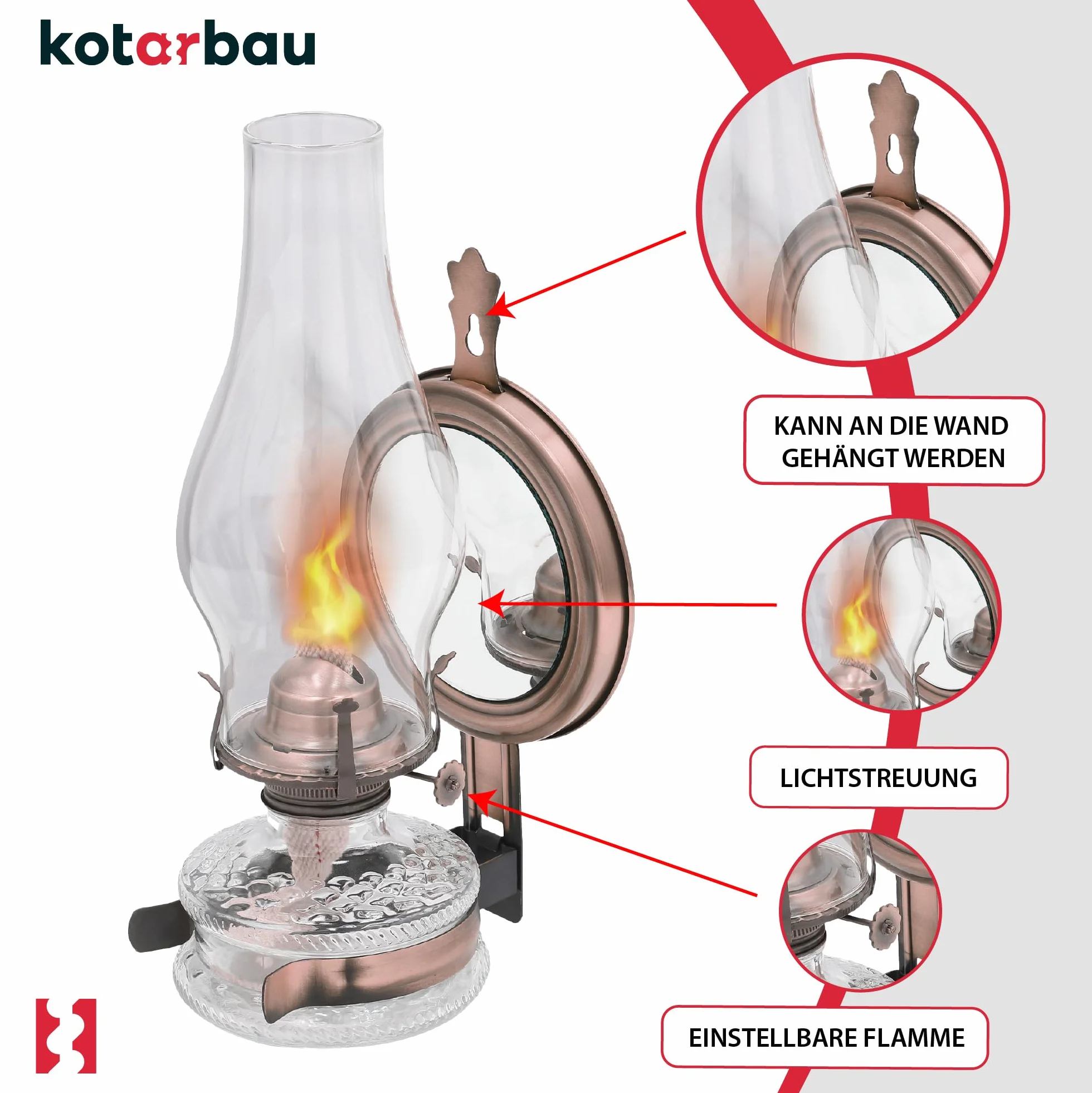 KOTARBAU ® Lampa naftowa 31cm z lustrem Stara miedź