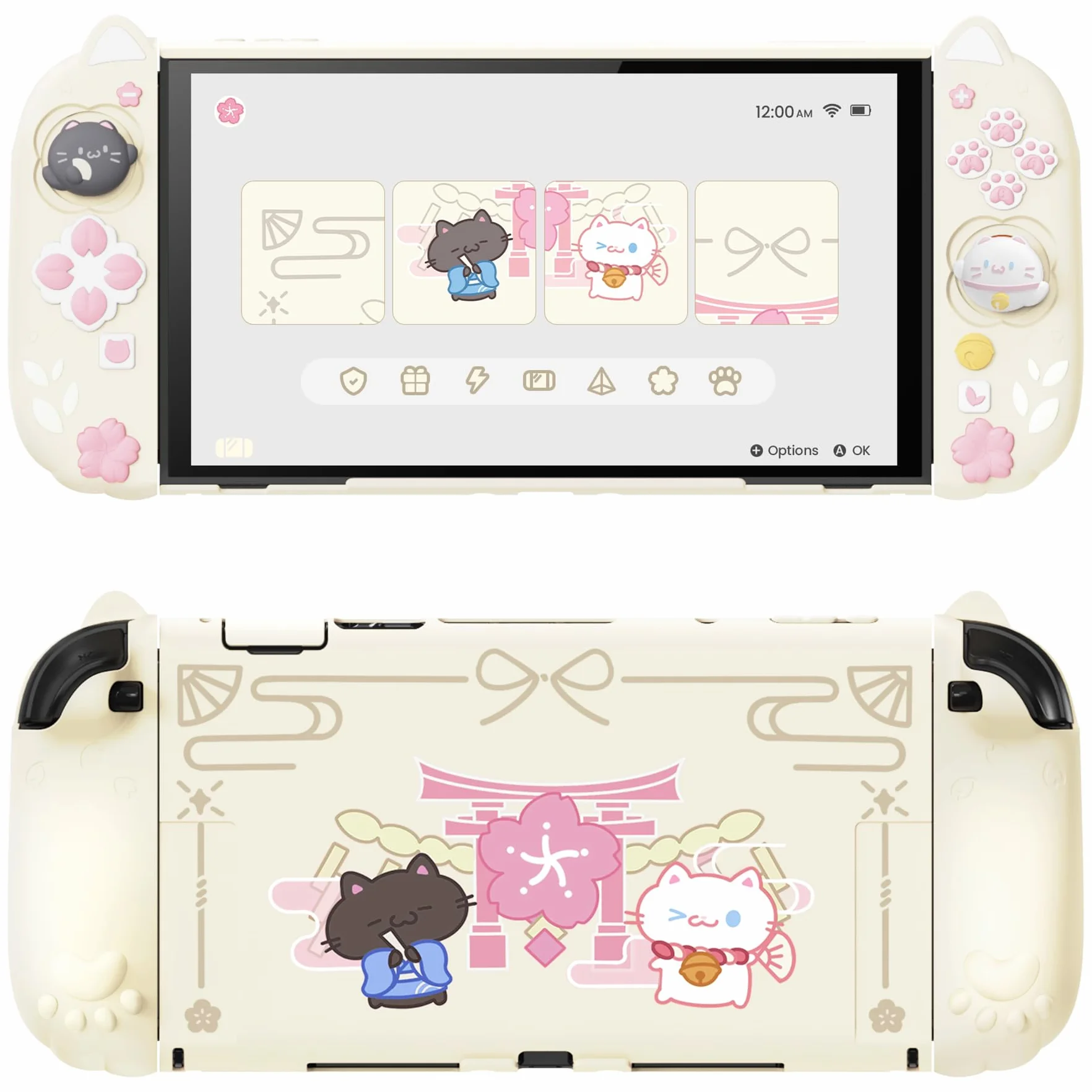 PlayVital Etui Ochronne do Switch 2 z Silikonowymi Uchwytami Joycon, Nakładkami Joysticki i Podstawką, Dockowalne, Żółty Antyczny Motyw Kociątko i Kwiaty Wiśni