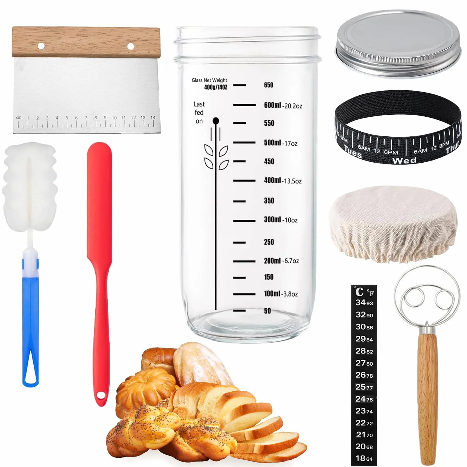 XHYASD Sourdough zestaw startowy do zakwasu, wielokrotnego użytku, z aluminiową nasadką, papier termometru, szpatułka, kapelusz materiałowy dla początkujących