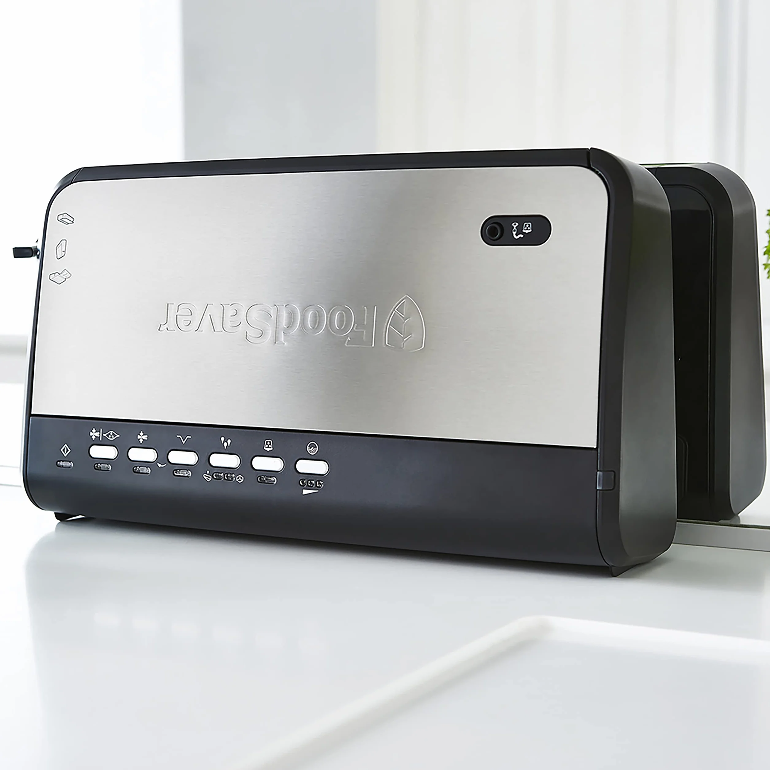 FoodSaver zgrzewarka próżniowa ze zintegrowanym schowkiem na rolkę, pakowarka próżniowa z gilotyną do worków i funkcją pulsacyjną do delikatnych produktów, FFS005X