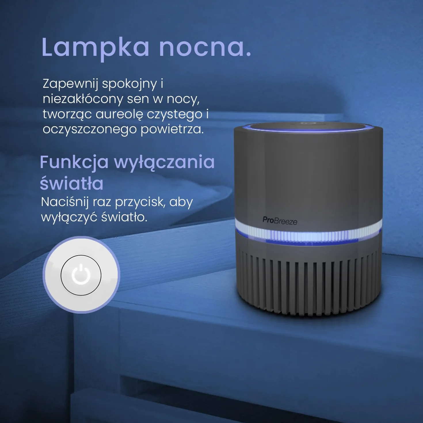 Pro Breeze Mały Oczyszczacz Powietrza na Biurko, z Filtrem HEPA Jonizatorem, Generator Jonów Ujemnych, Lampa Nocna LED, Usuwa do 99,97% Zanieczyszczeń Pyłków Dymu Kurzu, dla Alergików Palaczy