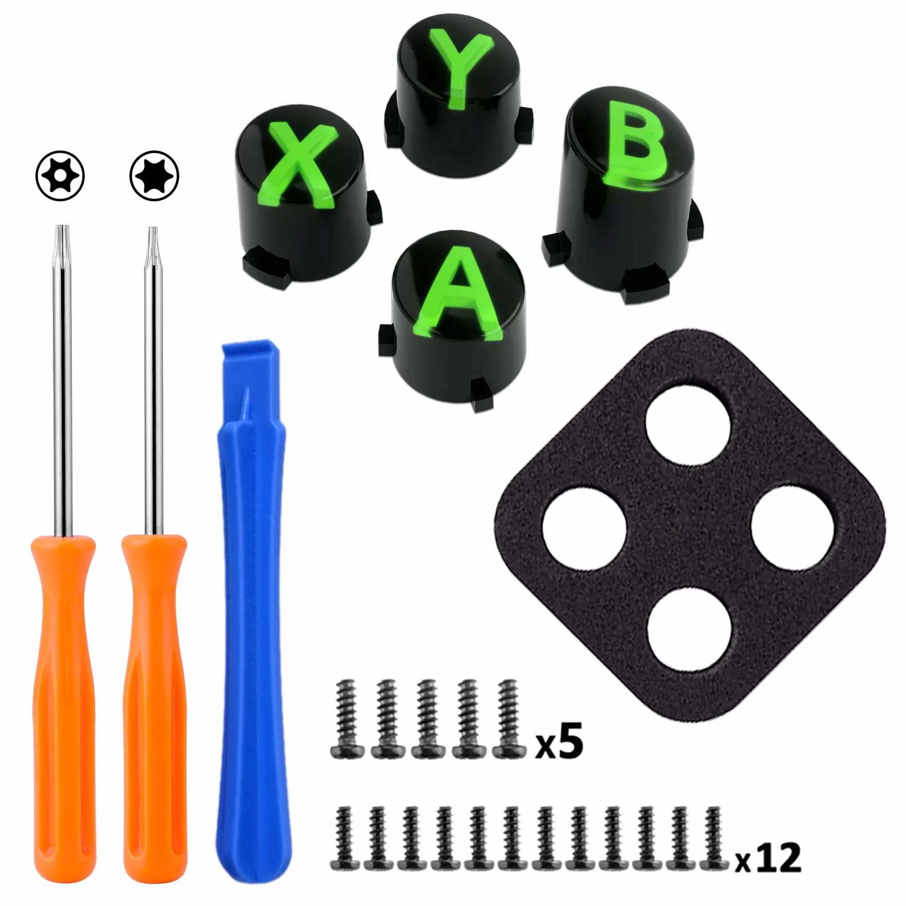 eXtremeRate Wymiana Custom ABXY Action Buttons dla Xbox Series X & S Controller, Three-Tone Czarny & Przezroczysty z Zielony Klasycznymi Symbolami Klawisze A B X Y dla Xbox One S/X, Elite V1/V2 Controller