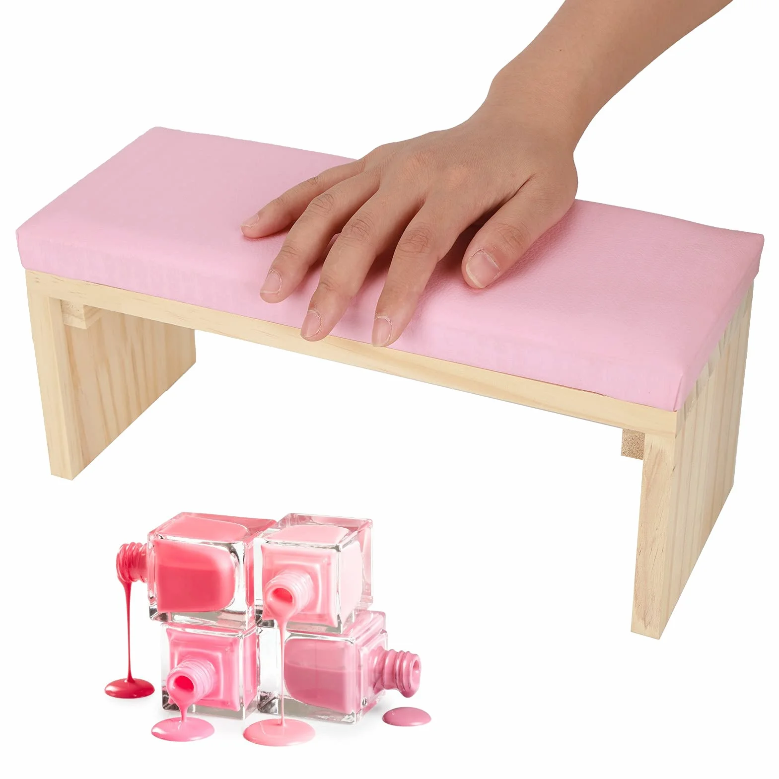 Nail Art Poduszka do Rąk Poduszka do Podłokietnika do Paznokci Miękka Skóra PU Drewniany Stojak Poduszka Podłokietnik do Salonu Paznokci(Różowy)