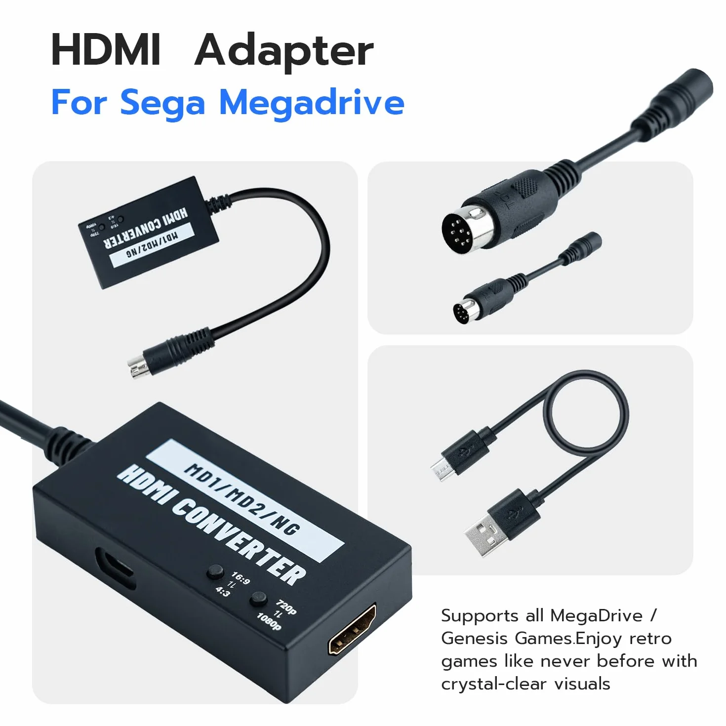 Mcbazel Seamless Mega Drive/NEOGEO HDMI Adapter for HDTV, Multifunction Video Converter 4:3/16:9, 720P/1080P for Mega Drive 1/Mega Drive 2/NEOGEO