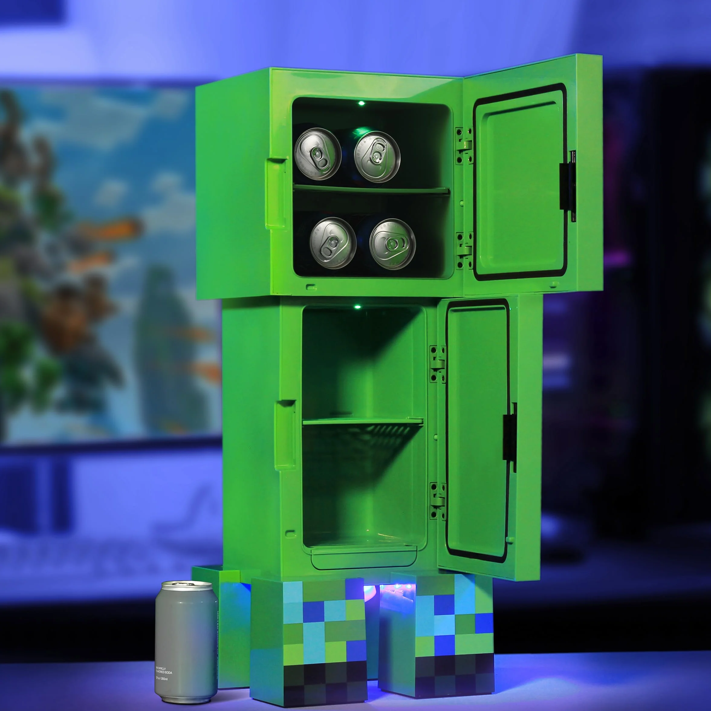 Ukonic Mini lodówka - Minecraft Creeper Cooler - pojemność 8 l - cicha - oświetlenie otoczenia - 220 V / 12 V