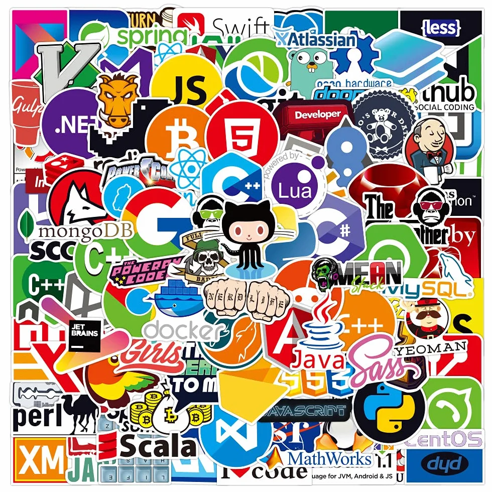 108 naklejek na laptopa dla programistów, języki programowania, zawiera naklejki: IT-Logo, C ++, Python, Linux, Swift, dla geeków, inżynierów, hackerów