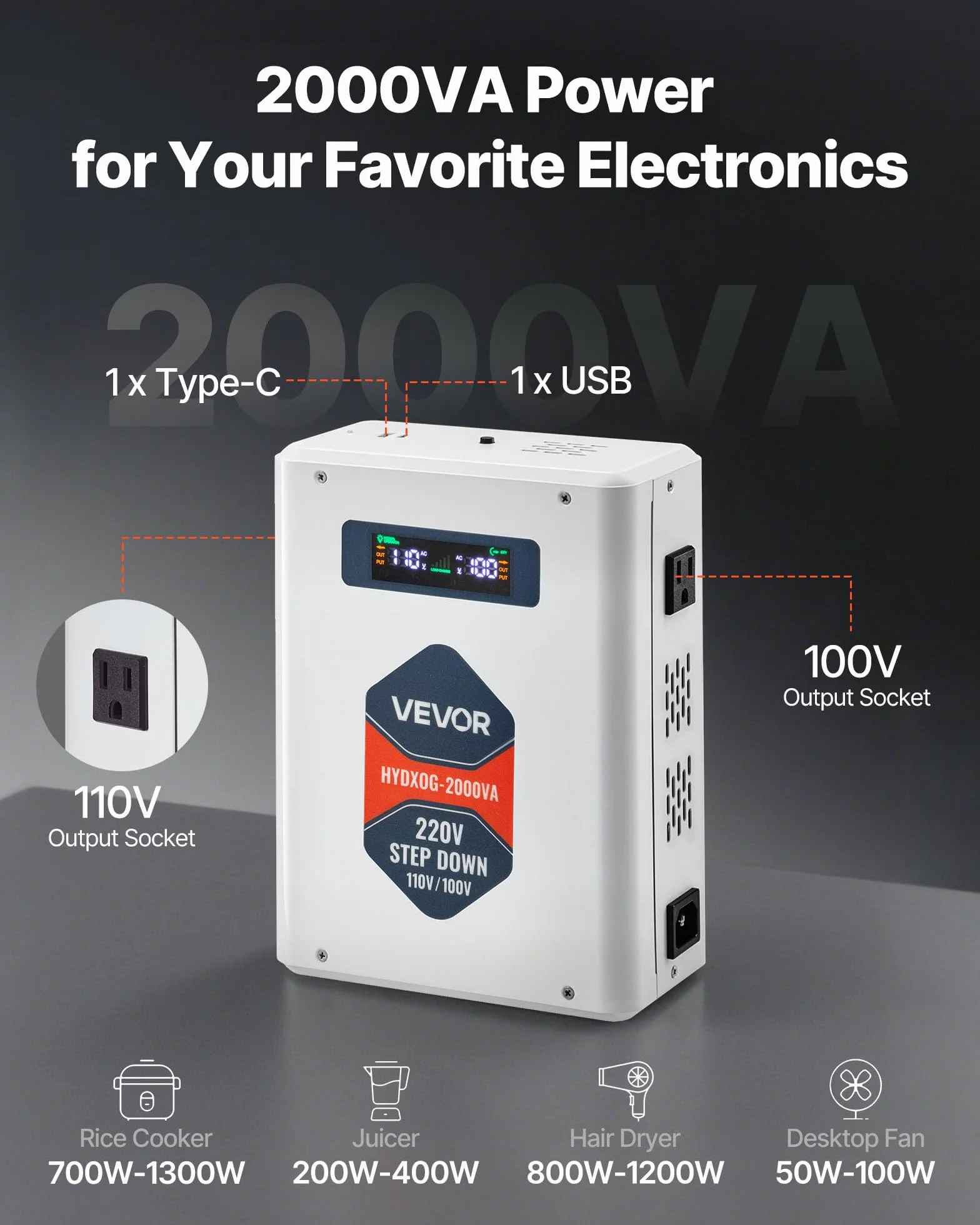 VEVOR Przetwornica napięcia Step-Down 2000 VA, Heavy Duty Transformator mocy 220 V na 110 V z 2 gniazdami amerykańskimi, wyjściem USB, wyświetlaczem LCD, do urządzeń gospodarstwa domowego 110 V