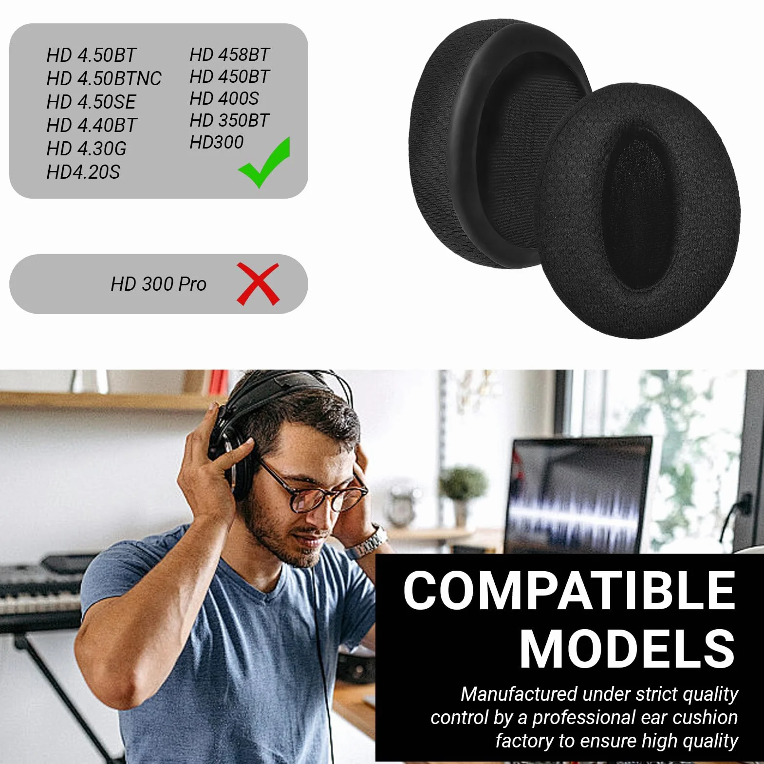 1 para słuchawek do Sennheiser HD4.50, HD4.50BT, HD 4.50BTNC, HD4.50SE, HD350BT, HD300, HD4.40BT, HD4.30G, HD4.20S, HD458BT, HD450, HD 450BT, HD400S, skóra proteinowa, kolor: czarny