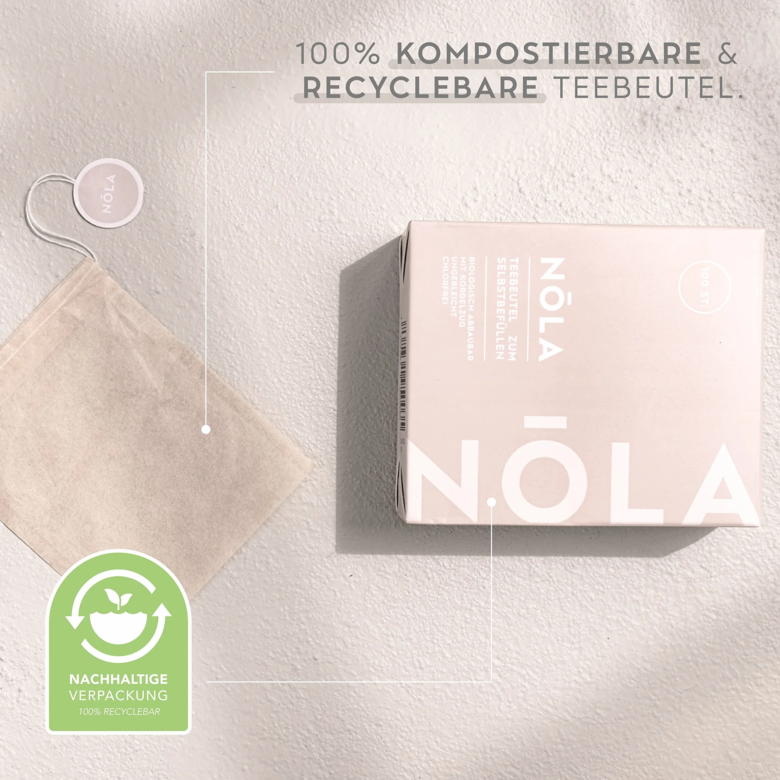 NOLA Jednorazowe torebki do herbaty sypkiej (100 sztuk) – biodegradowalne i nadające się do recyklingu – ze sznurkiem ściągającym – 9,5 x 8 cm – nadają się również do dzbanków do herbaty