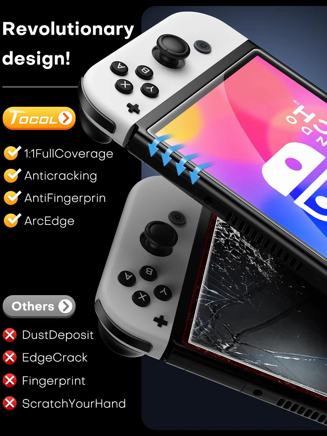 TOCOL Ochraniacz ekranu ze szkła hartowanego kompatybilny z Nintendo Switch OLED 2021 model 18.8 cm odporny na zarysowania twardość 9H