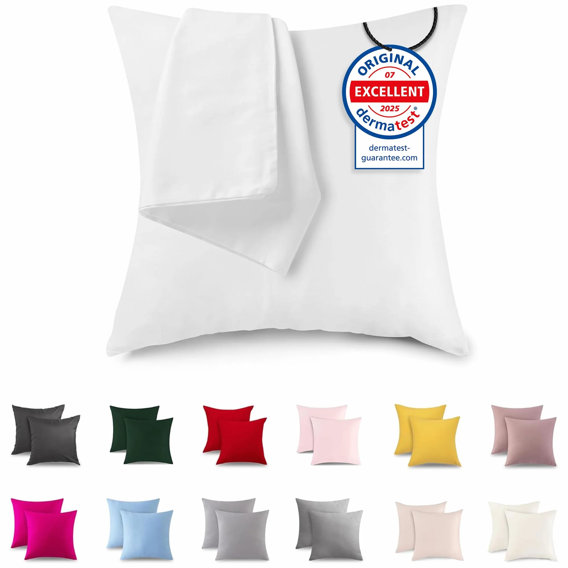 ATsense Zestaw 2 poszewek na poduszkę 40 x 40 cm – 100% bawełna, białe, miękkie i hipoalergiczne, certyfikat ÖkoTex, poszewka na poduszkę z zamkiem błyskawicznym, nadaje się dla alergików