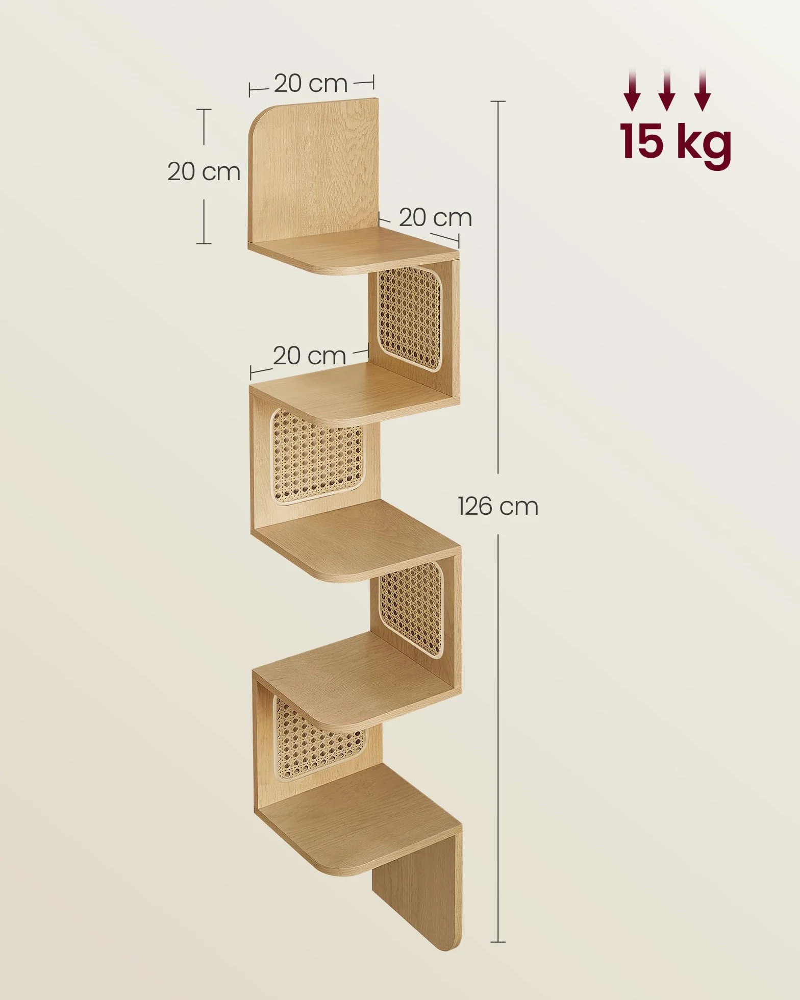 VASAGLE Półka narożna 5-poziomowa pływająca ścienna Kształt zygzaka Rattan PVC Boho Dąb Beżowy