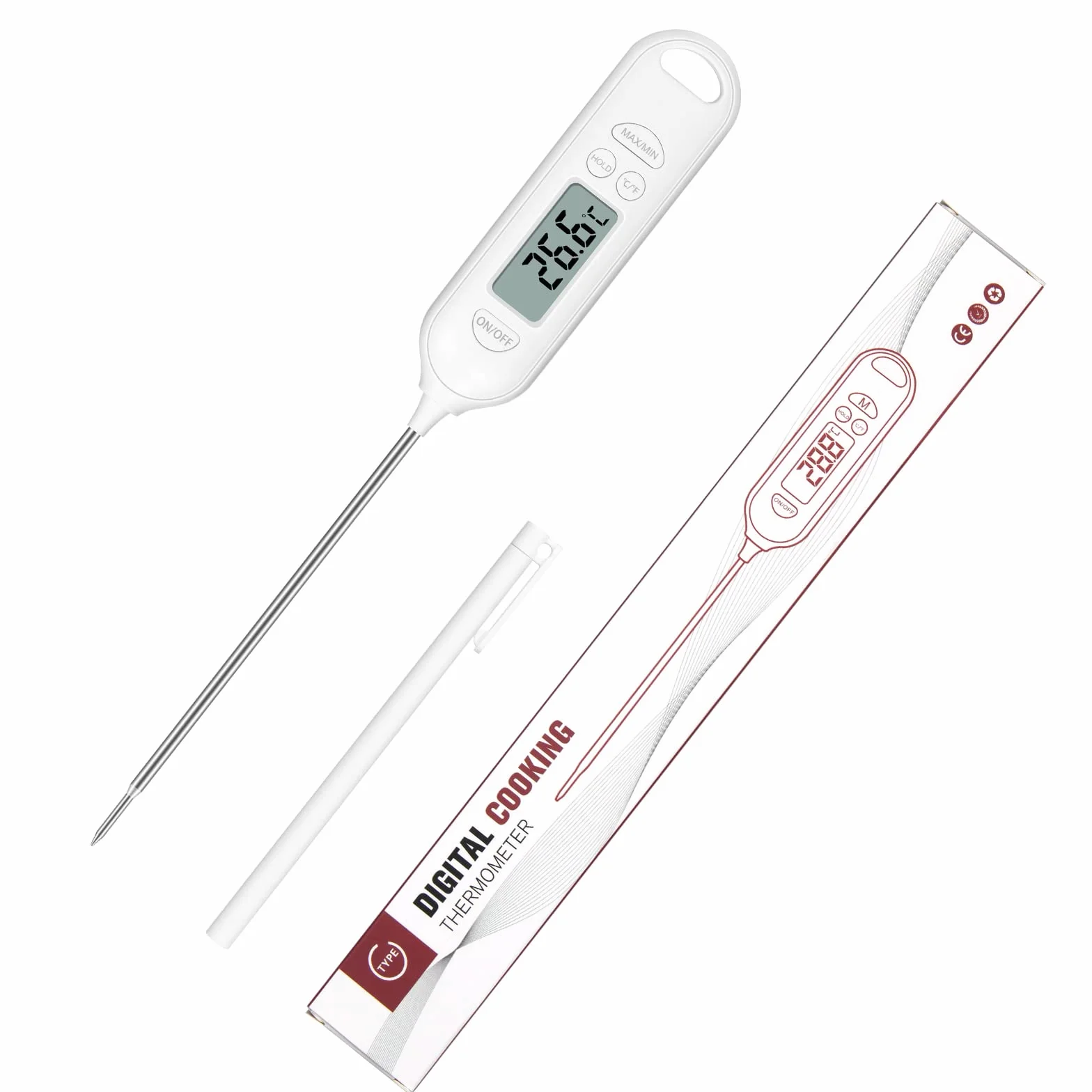 Flintronic Termometr do żywności, natychmiastowy odczyt, z ekranem LCD, automatyczne wyłączanie, wysoka dokładność, termometr do gotowania z °F/°C, bateria wchodzi w zakres dostawy