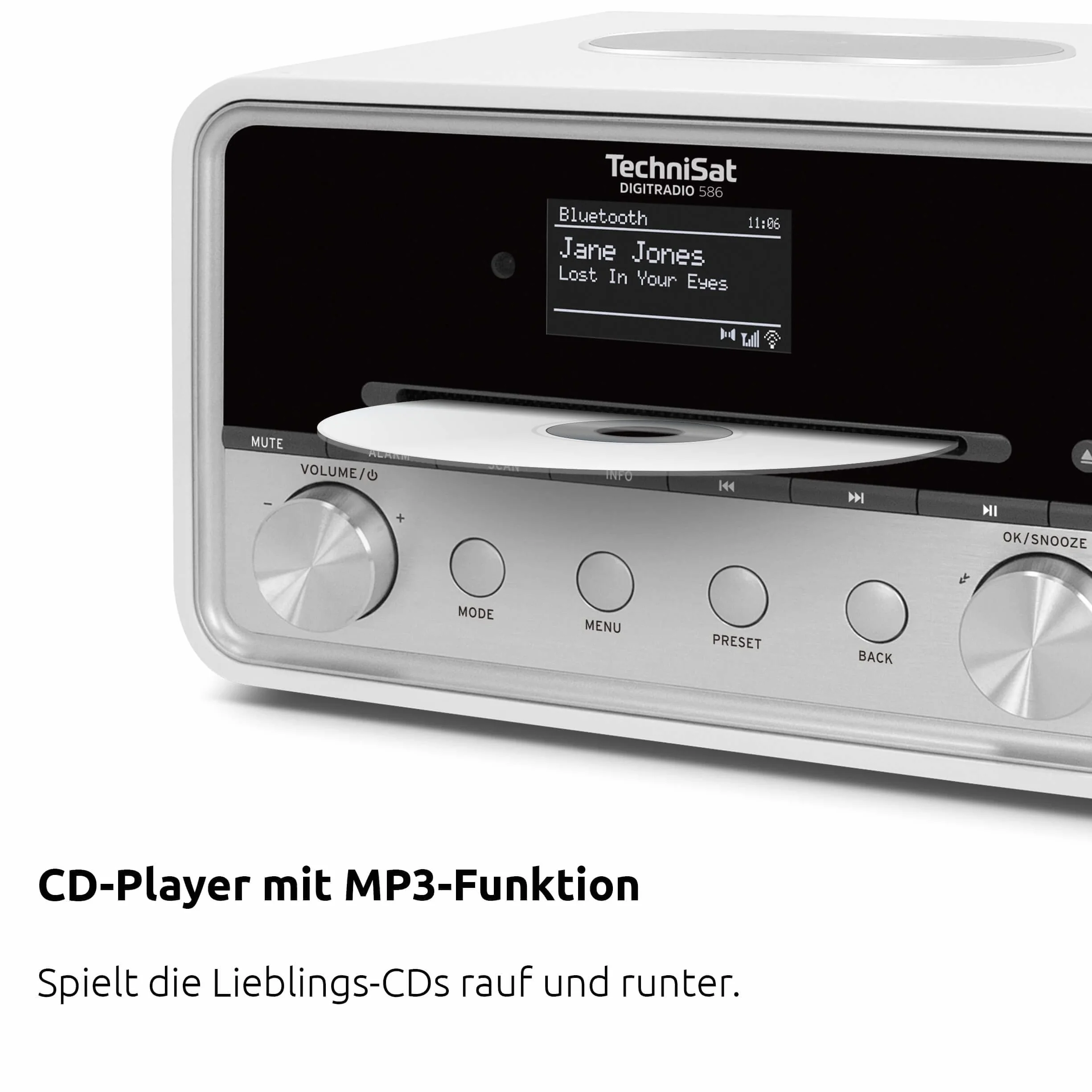 TechniSat DIGITRADIO 586 - hybrydowe radio DAB+ (radio internetowe, FM, Bluetooth, Spotify, ładowanie bezprzewodowe, sterowanie aplikacją, wyświetlacz OLED, USB, CD, MP3, AUX, 20 W, pilot) biały