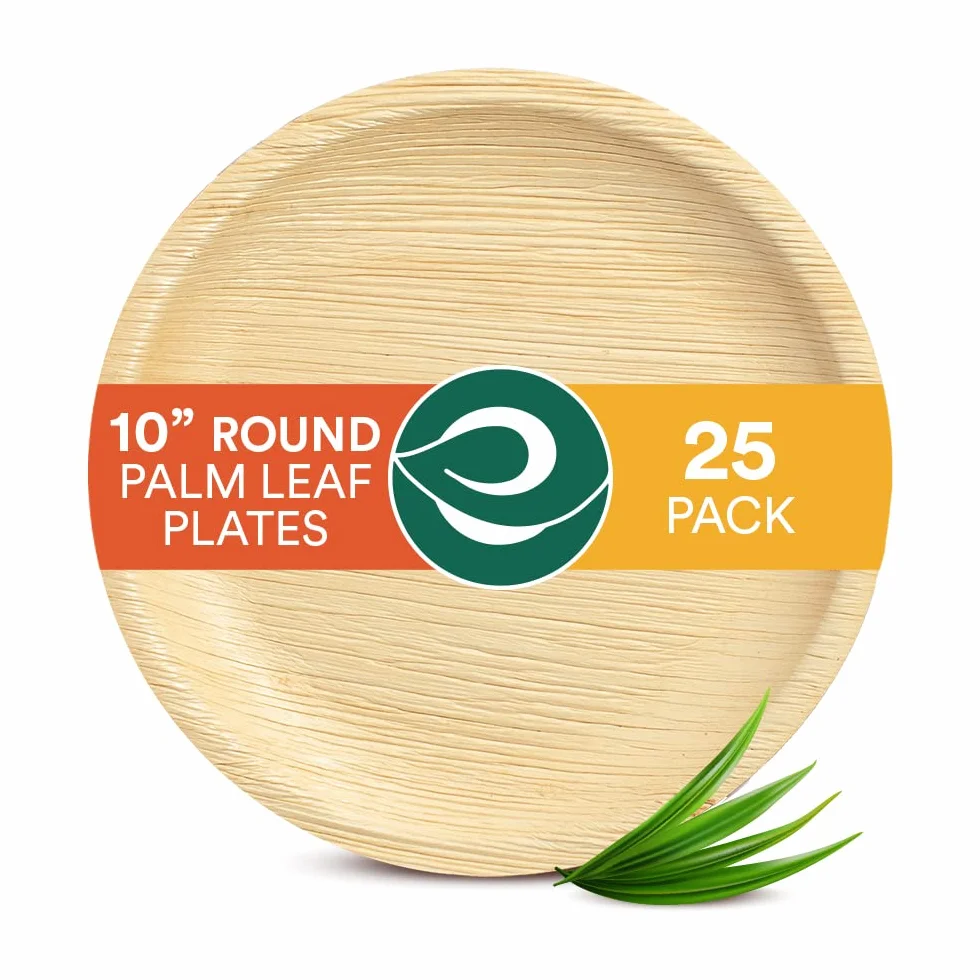 ECO SOUL Talerze z liśćmi palmowymi, okrągłe (25 cm), mały talerz bambusowy, przyjazny dla środowiska, biodegradowalny, kompostowalny, wytrzymały talerz, jednorazowe talerze na kolację, imprezę i