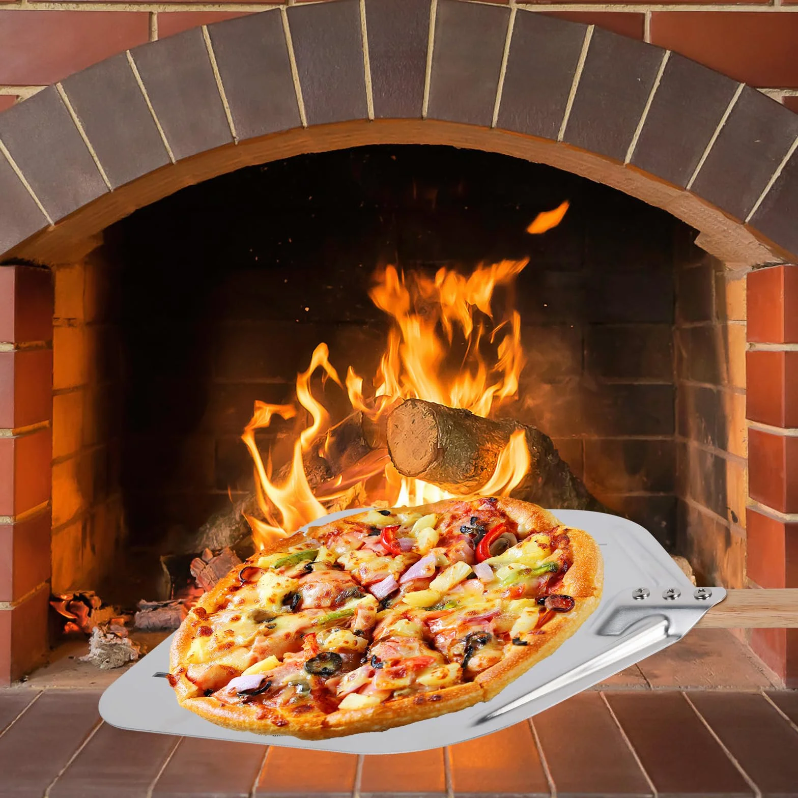 Perforowana łopata do pizzy, łopata do pizzy 39,5 x 30 cm z drewnianą rączką i 1 szczotką do oleju, profesjonalna aluminiowa perforowana skrobaczka do pizzy do domowego wypieku pizzy (czarna, 12 cali)